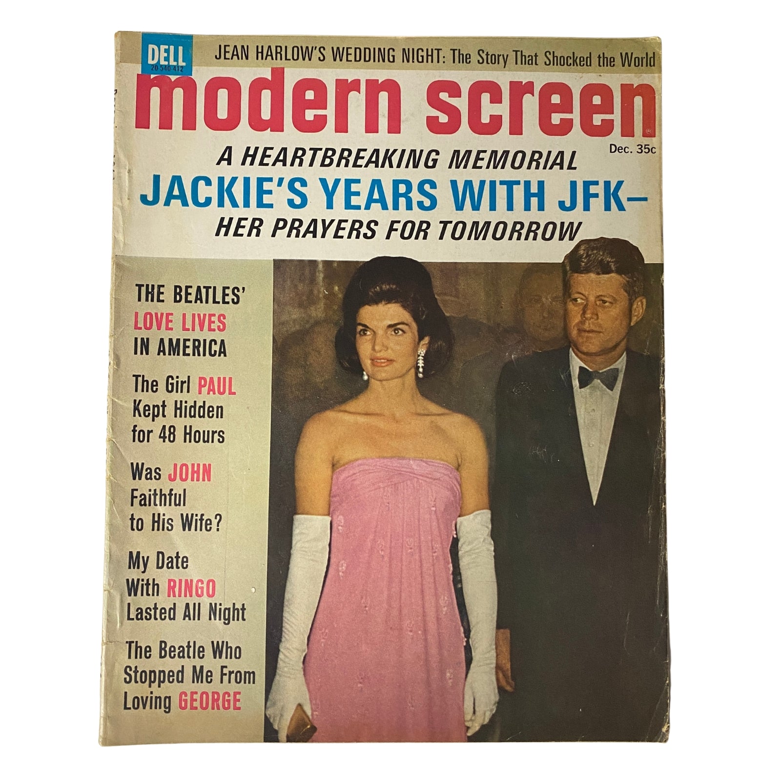 Cover of Modern Screen Magazine December 1964 featuring John and Jackie Kennedy, highlighting articles including 'A Heartbreaking Memorial: Jackie’s Years with JFK - Her Prayers for Tomorrow' and 'The Beatles’ Love Lives in America'.