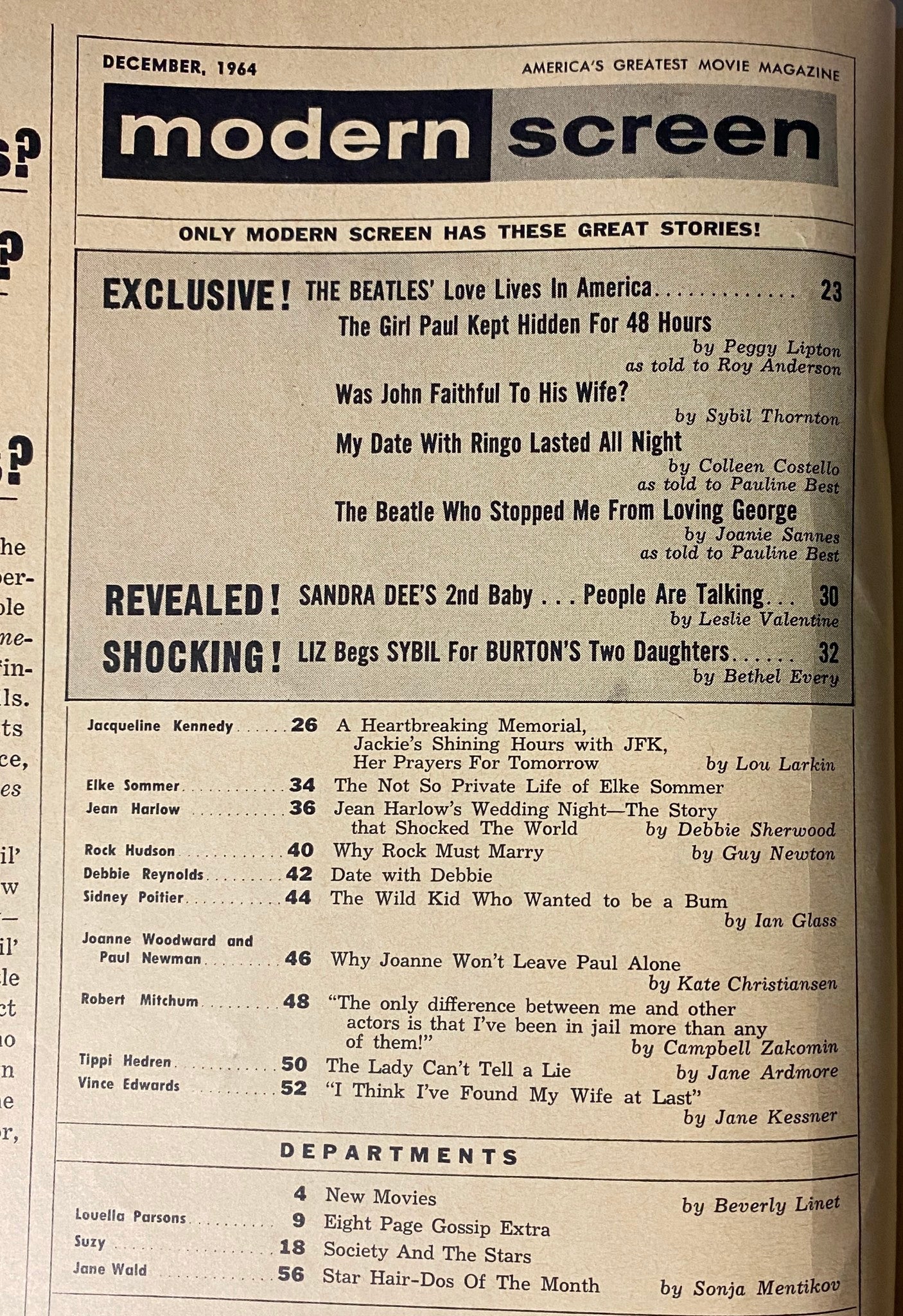 Table of contents from Modern Screen Magazine December 1964 showcasing feature stories including 'Was John Faithful to His Wife?' and celebrity gossip articles related to Hollywood.