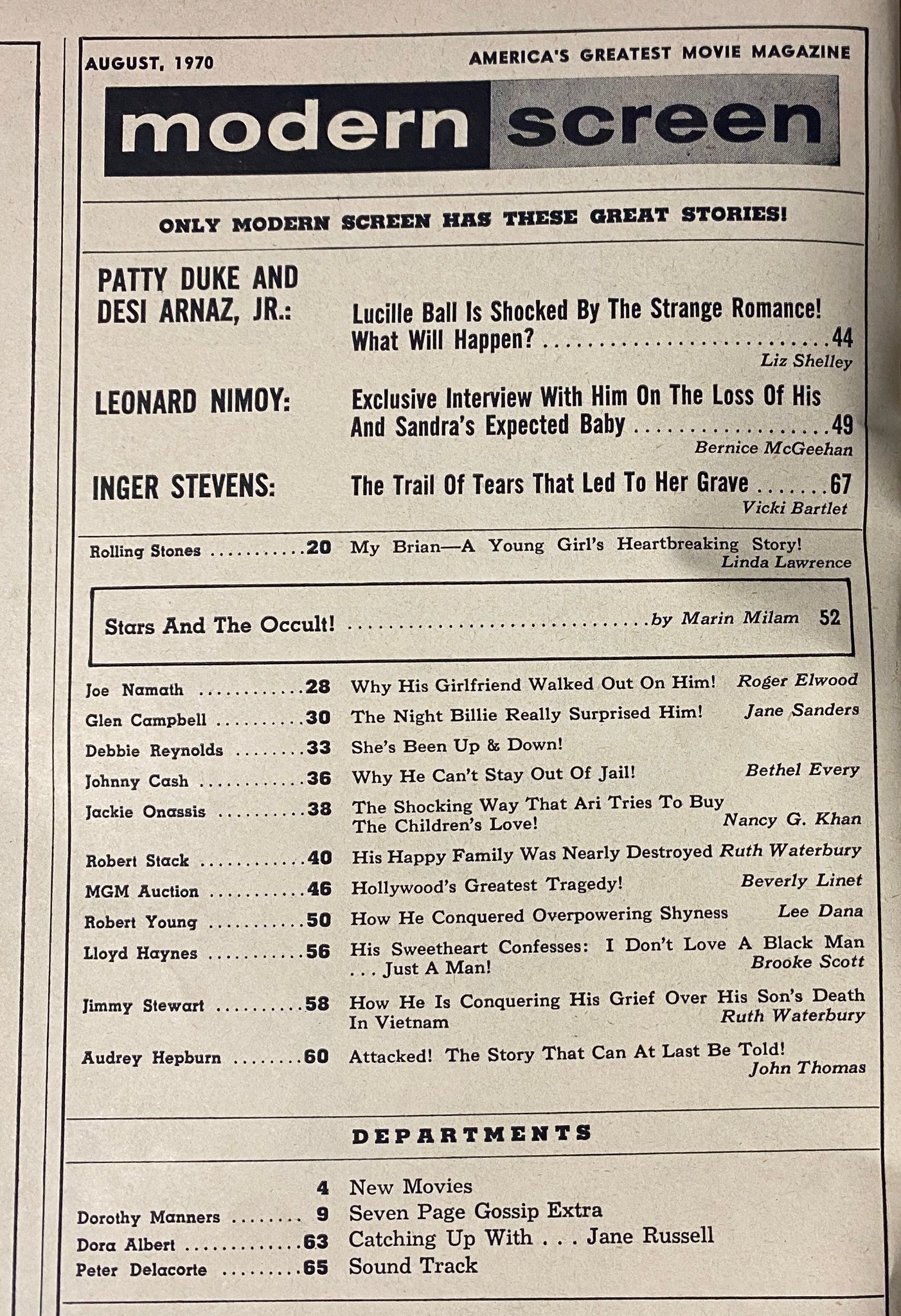 Modern Screen Magazine August 1970 featuring Joe Namath and Glen Campbell, showcasing articles and celebrity stories including Patty Duke, Leonard Nimoy, and Inger Stevens. The layout highlights the publication's focus on Hollywood drama and personal insights.