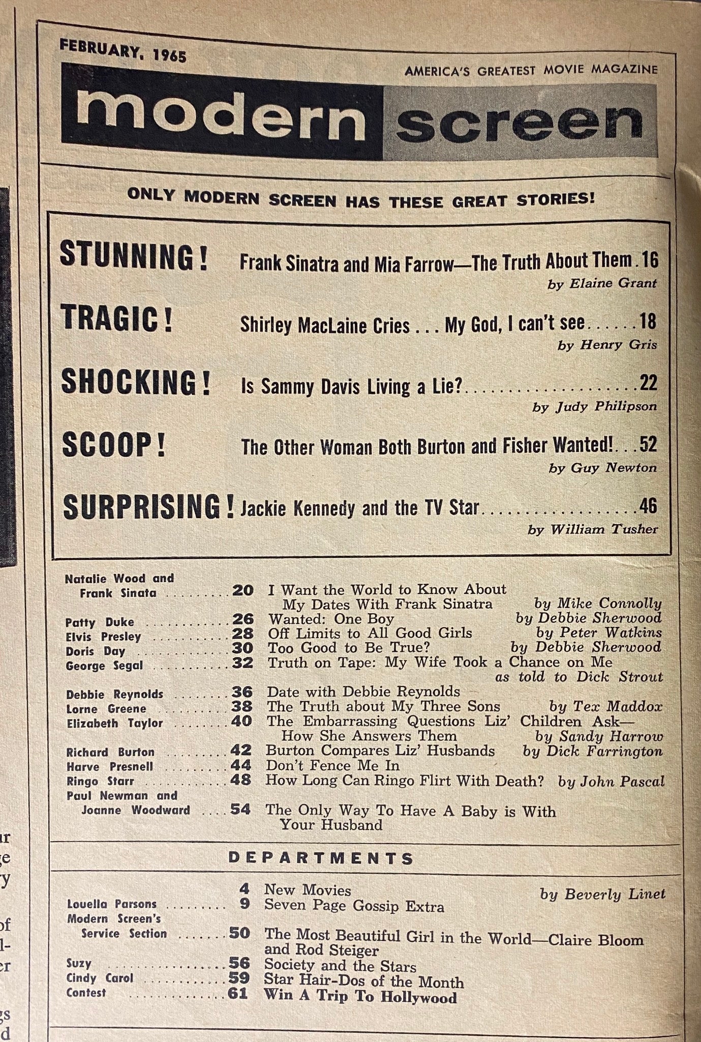 Table of contents for Modern Screen Magazine February 1965, showcasing featured articles on celebrities like Frank Sinatra, Sammy Davis Jr., and the high-profile romance between Elizabeth Taylor and Richard Burton.