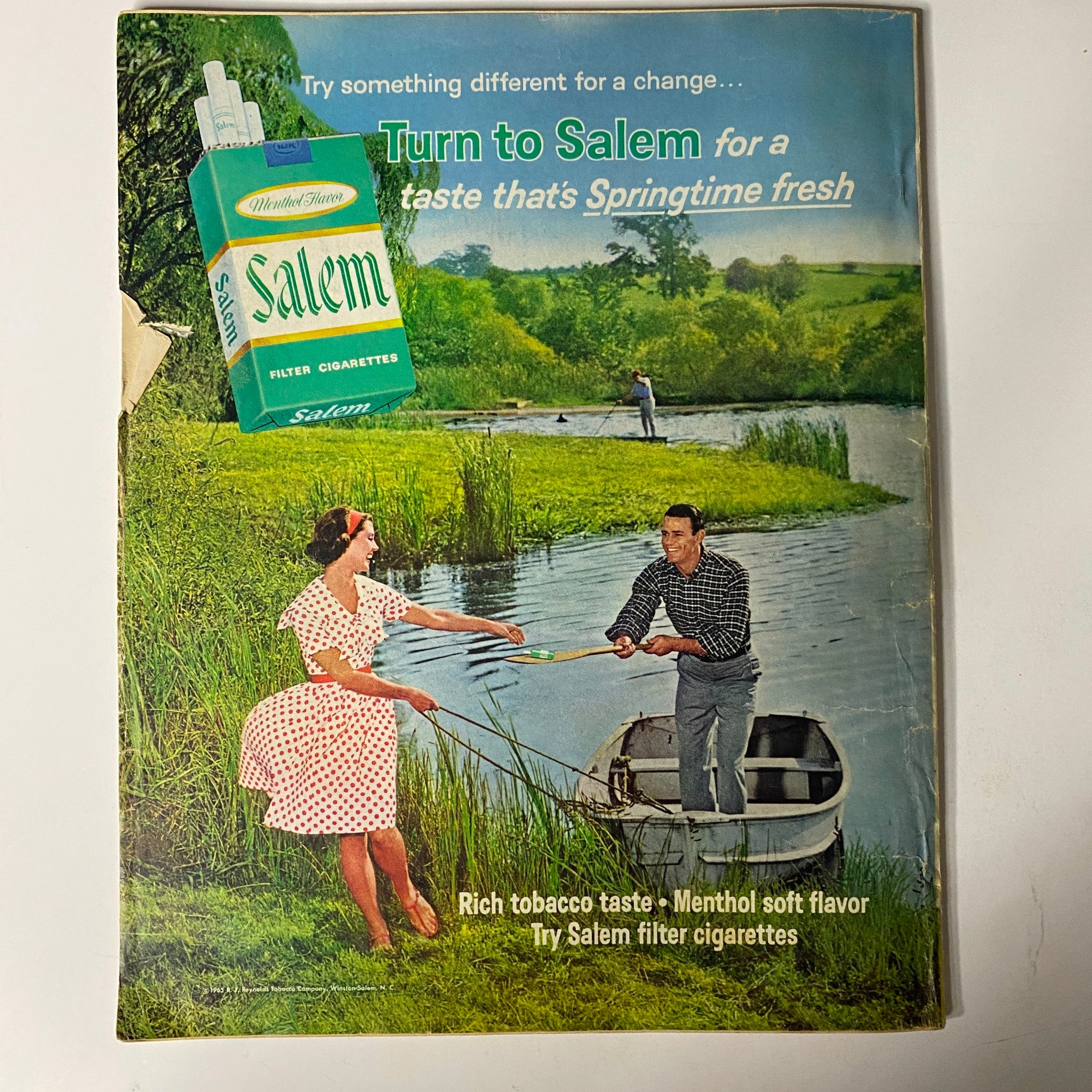 Vintage advertisement for Salem cigarettes from a 1965 magazine, promoting a refreshing menthol flavor with a scenic outdoor image.