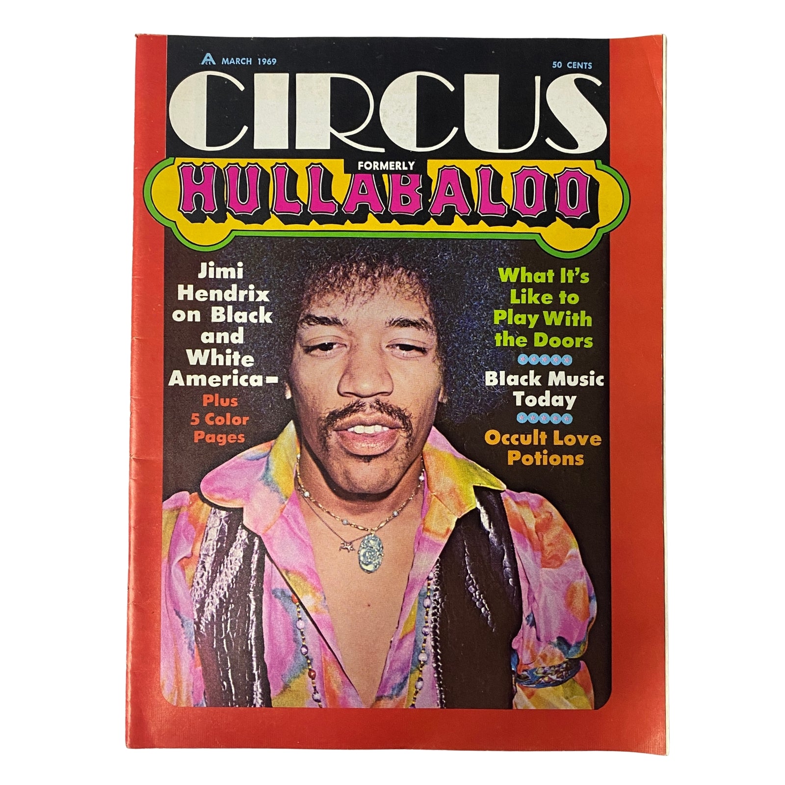 Cover of Circus Magazine March 1969 featuring Jimi Hendrix with the headline about Black and White America, displaying vibrant colors and retro typography.
