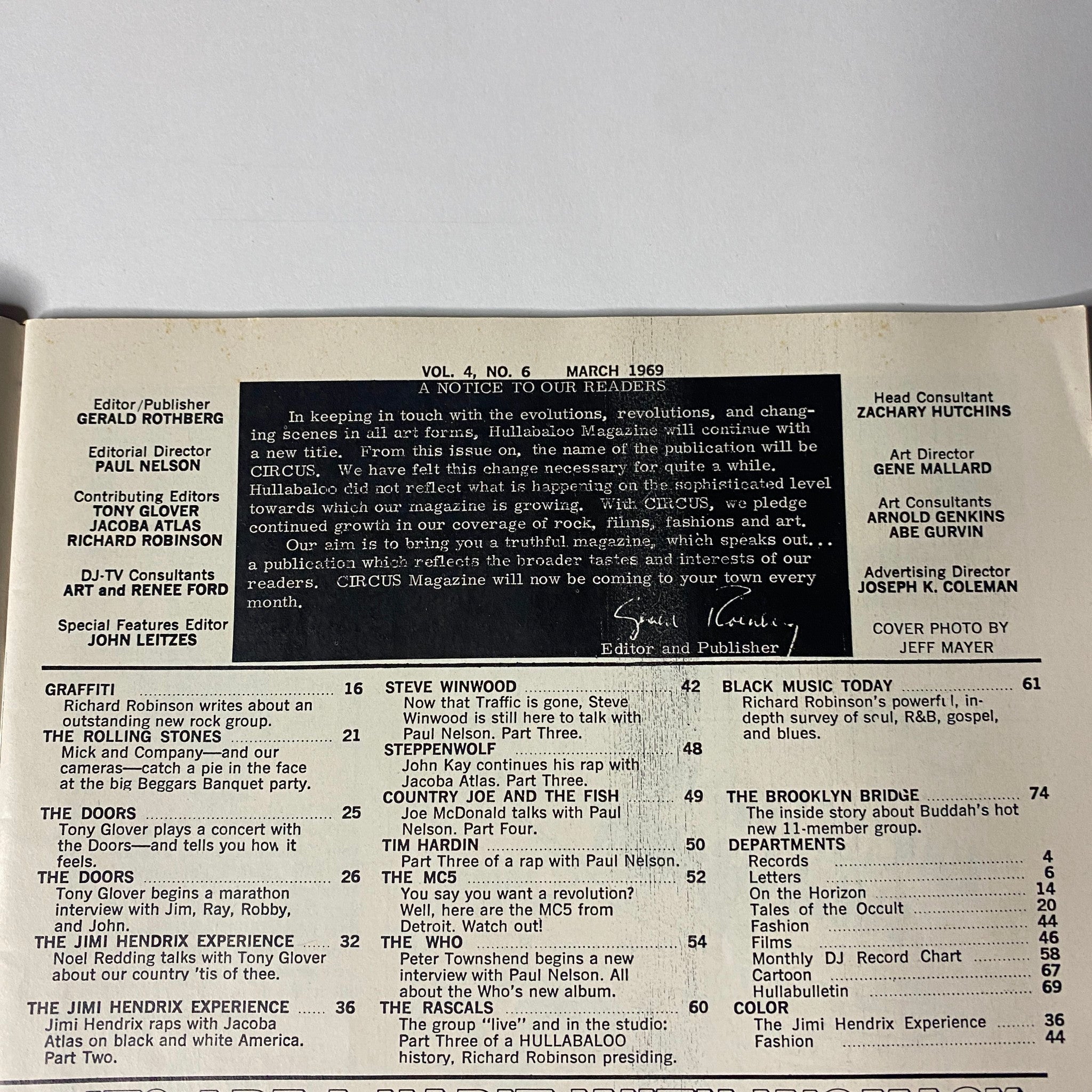 Table of contents of Circus Magazine March 1969, detailing articles and features including coverage of Jimi Hendrix and other prominent artists.