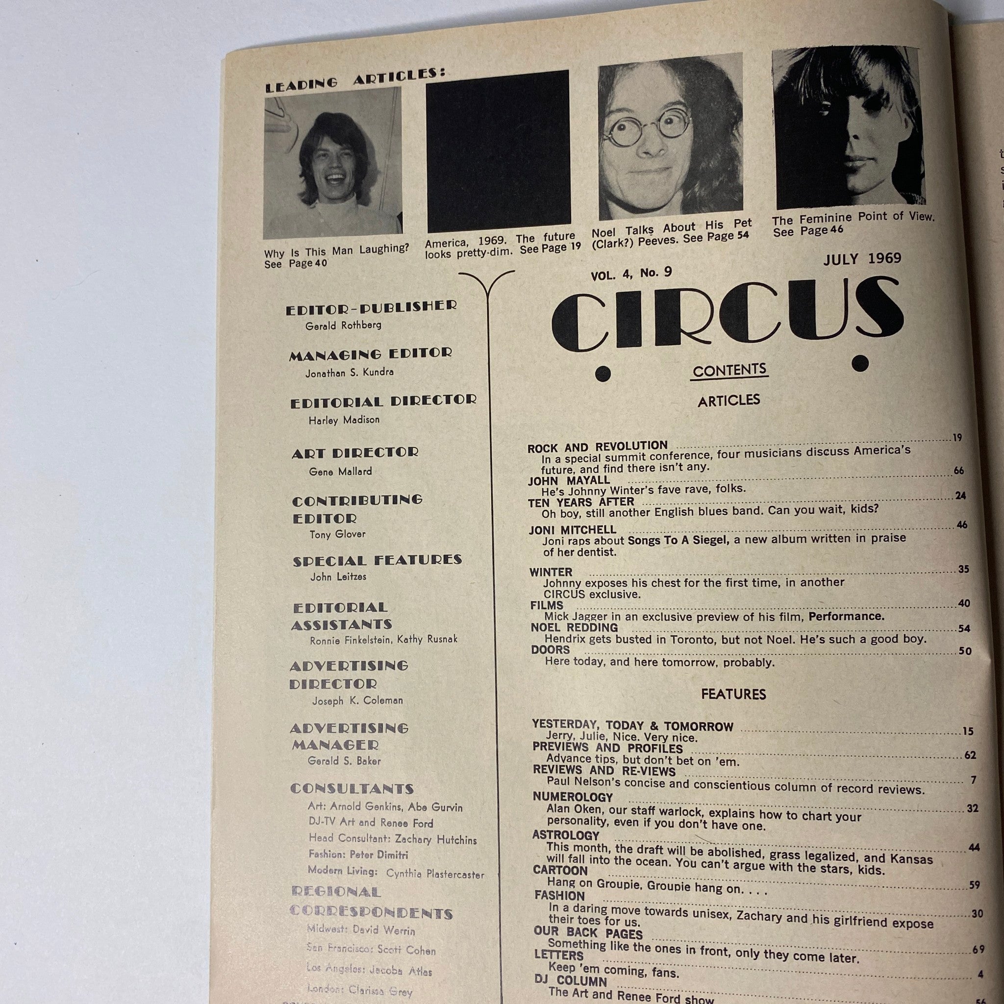 Inside page of Circus Magazine July 1969 Vol 4 No. 9 featuring articles including Foghat, John Kay, and Phil Ochs, showcasing the vibrant counterculture of the late '60s.