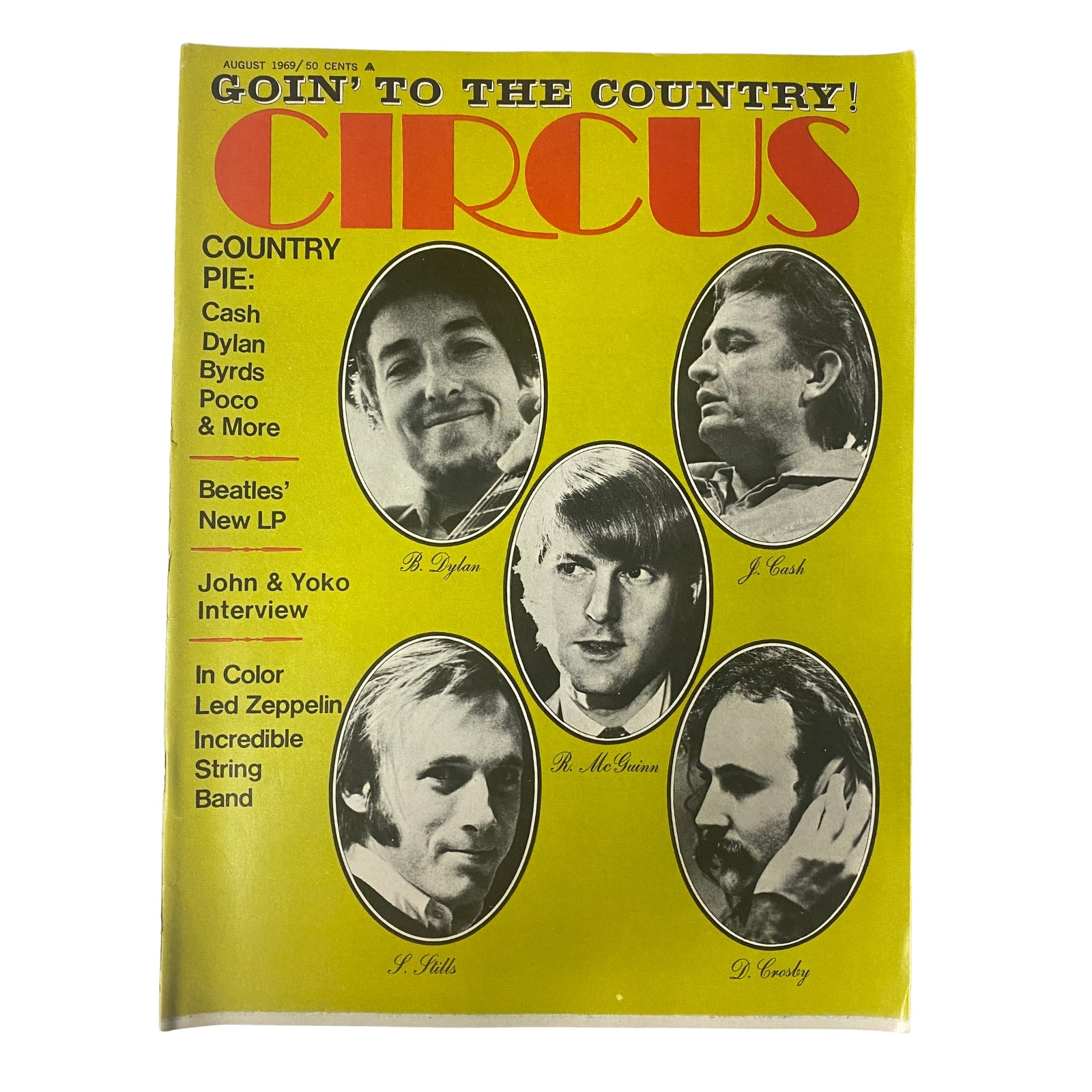 Cover of Circus Magazine August 1969 Vol. 4 No. 10 featuring Bob Dylan, Johnny Cash, and other iconic musicians. The magazine highlights cultural commentary from the late '60s rock scene.