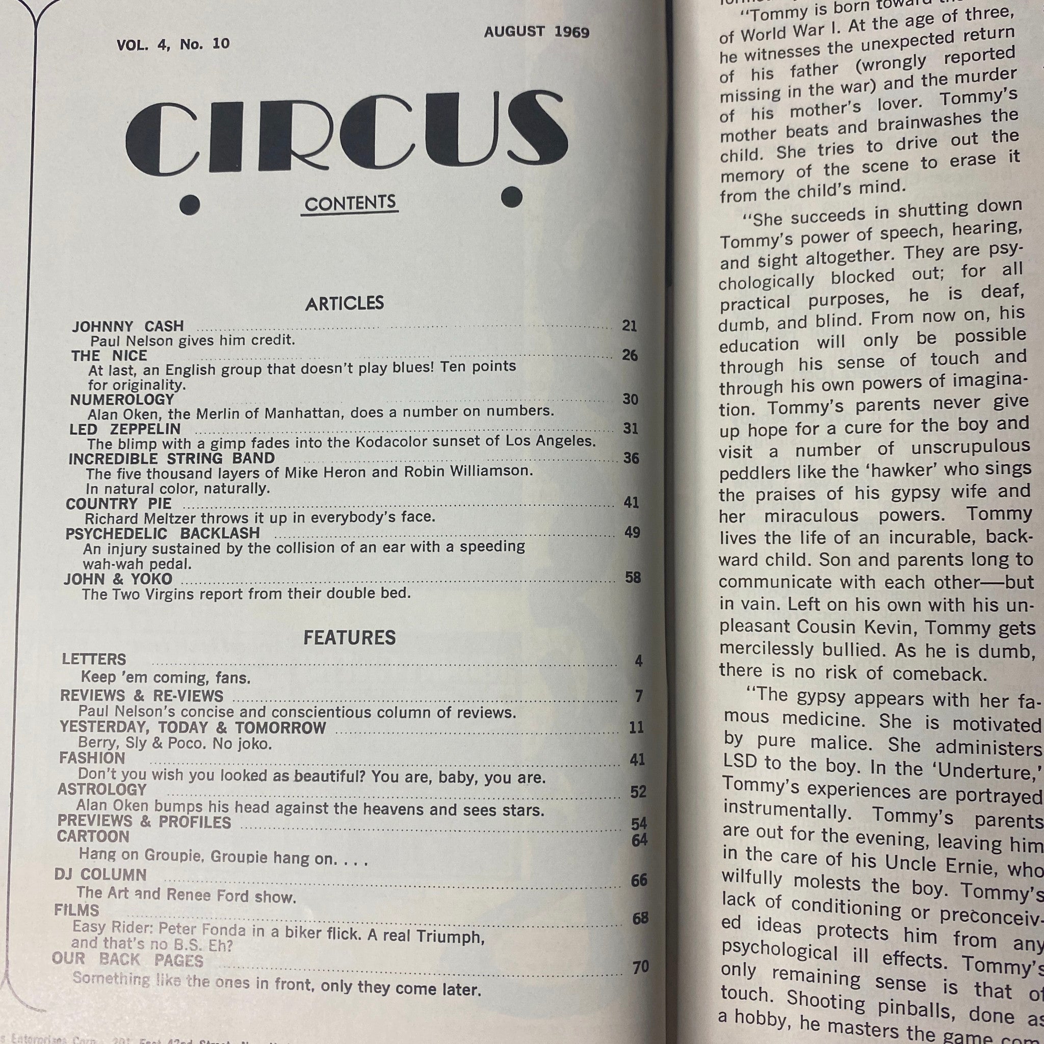 Contents page of Circus Magazine August 1969 Vol. 4 No. 10, listing articles on Johnny Cash, Led Zeppelin, and more, along with features on music legends and cultural insights.