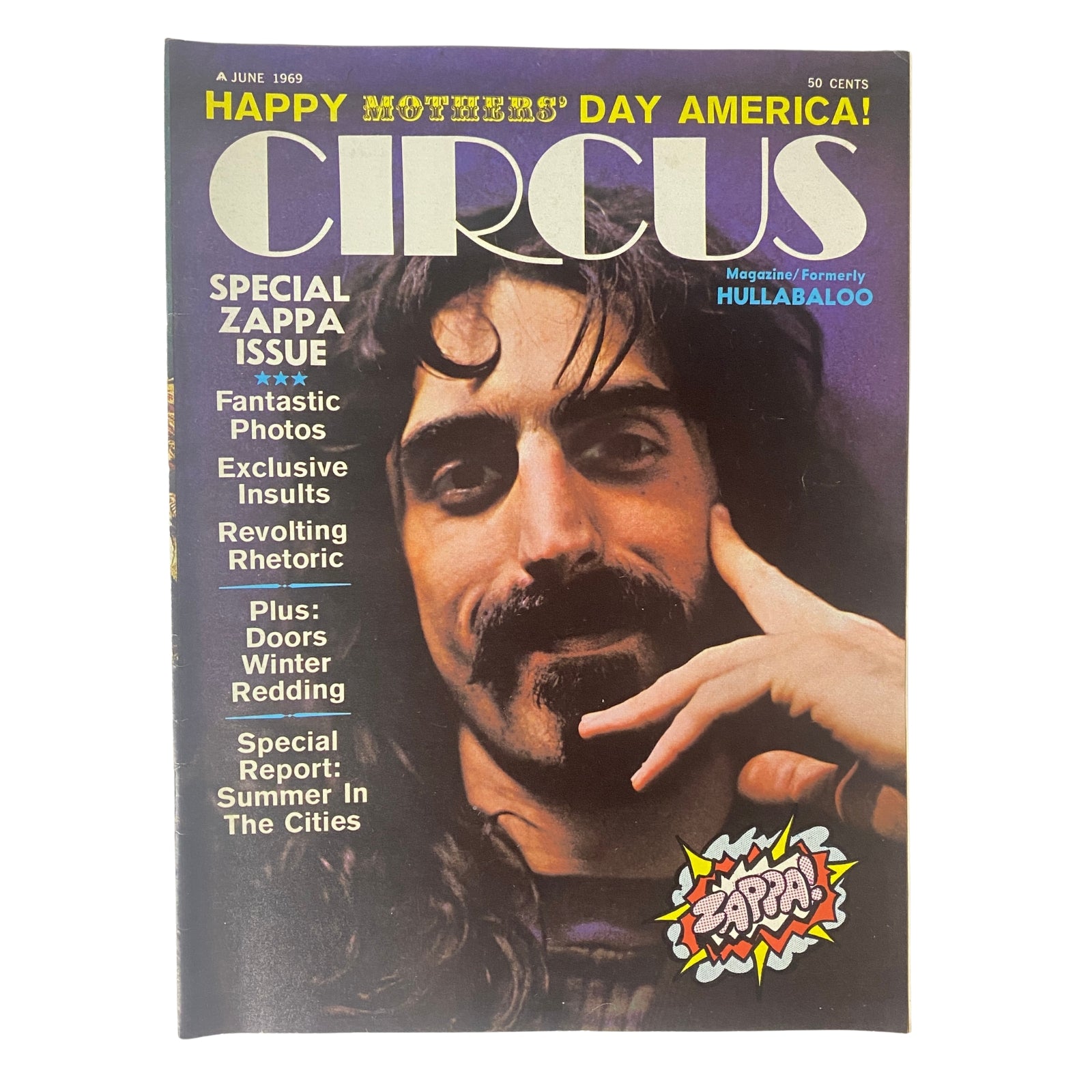Circus Magazine June 1969 Vol 4 No. 8 featuring Frank Zappa on the cover, highlighting special features including exclusive photos and articles on the late '60s music scene.
