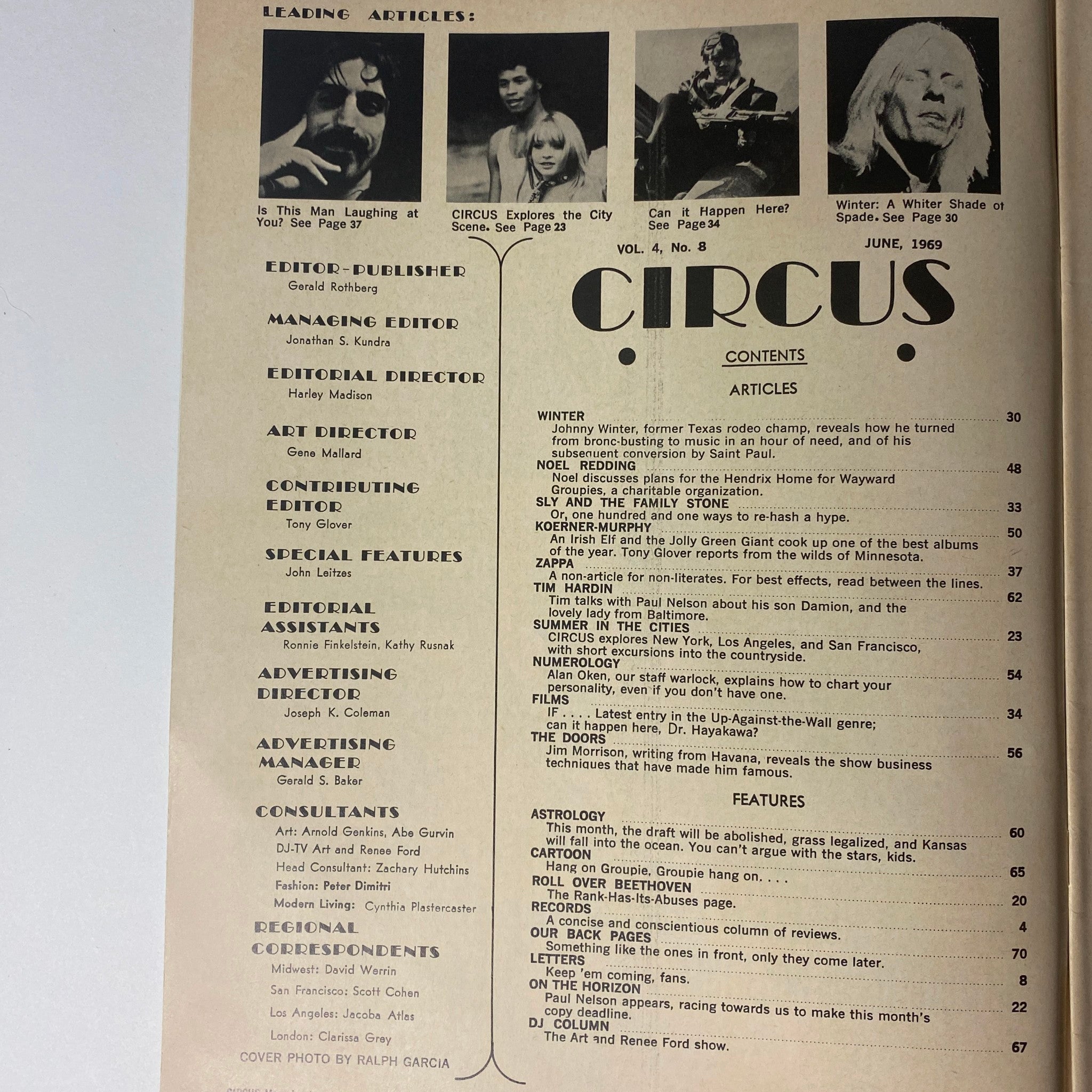 Inside contents page of Circus Magazine June 1969 Vol 4 No. 8 featuring articles on prominent music figures like Johnny Winter and Frank Zappa.