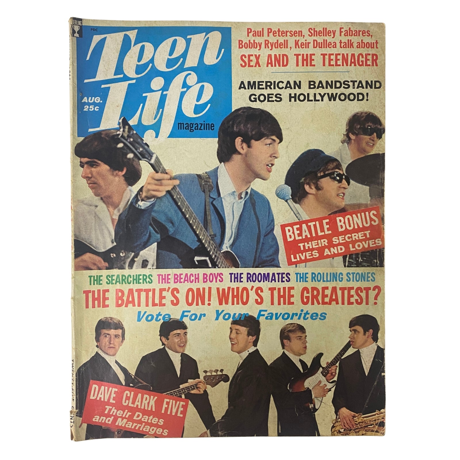 Cover of Teen Life Magazine, August 1964, Vol 3 No 4 featuring The Beatles. Highlights include articles on teen culture, The Dave Clark Five, and American Bandstand.
