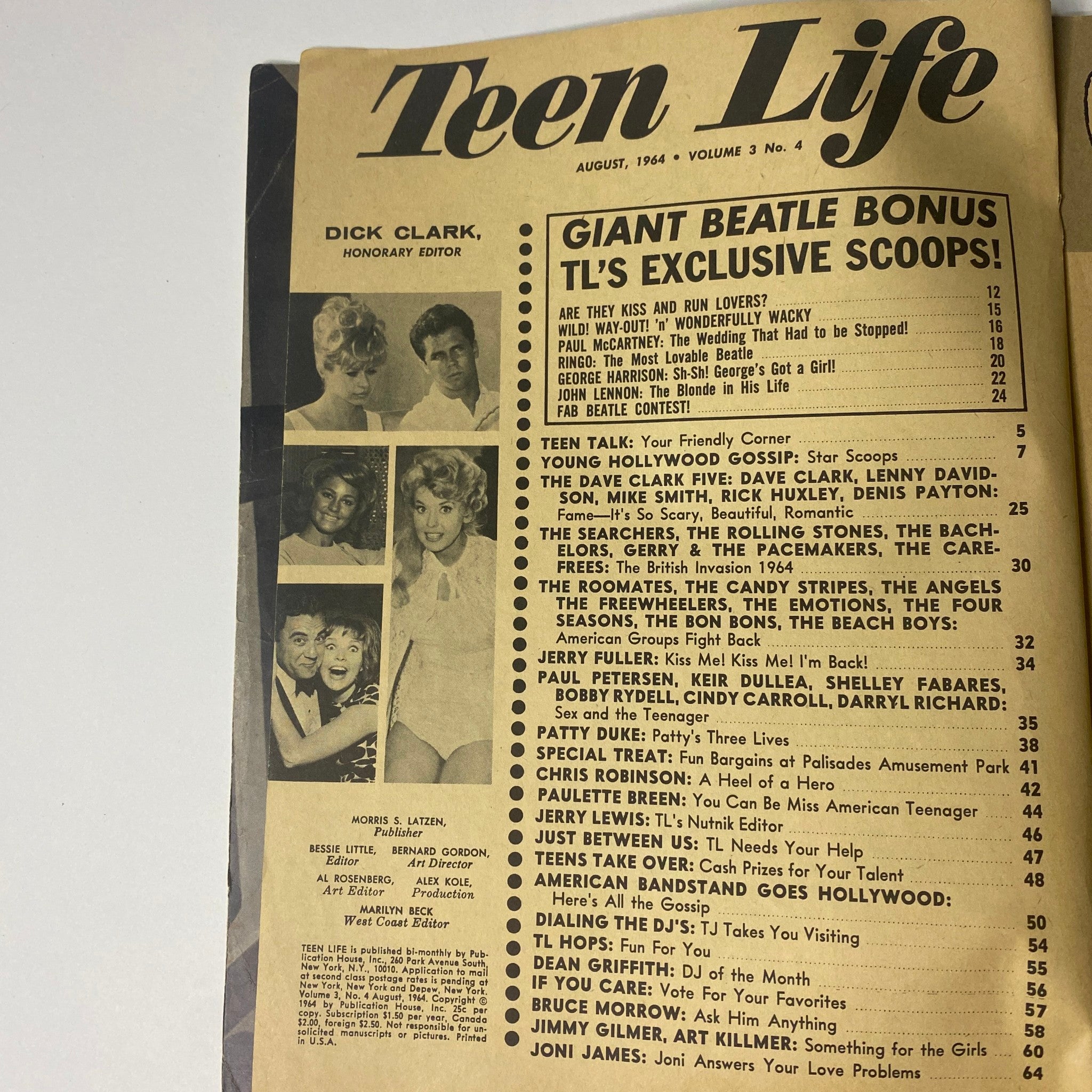 Inside page of Teen Life Magazine, August 1964, Vol 3 No 4 listing contents including 'Giant Beatle Bonus' and features on popular music icons like Dick Clark.