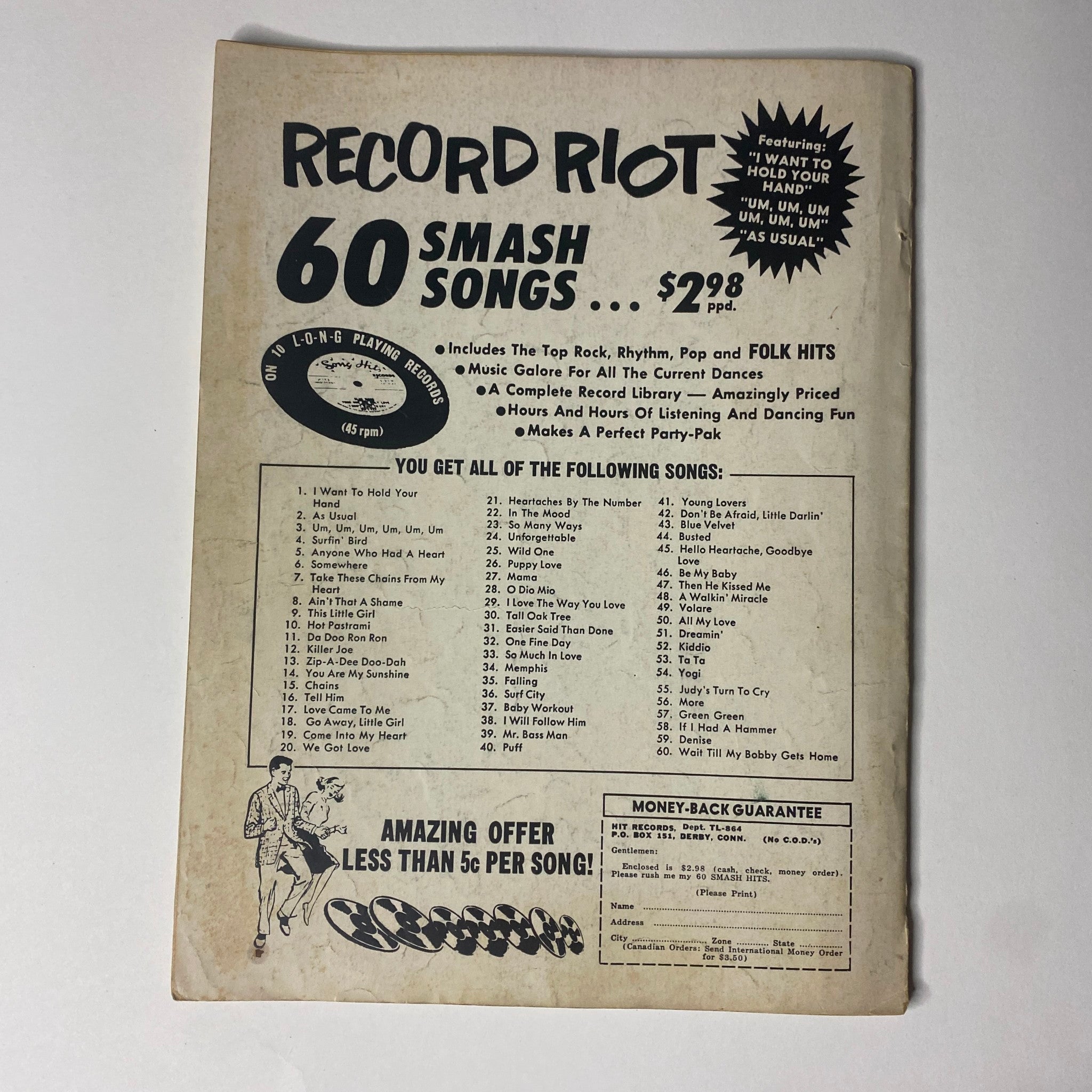 Back cover of Teen Life Magazine, August 1964, Vol 3 No 4 promoting 'Record Riot' with details of hit songs and dancing fun.
