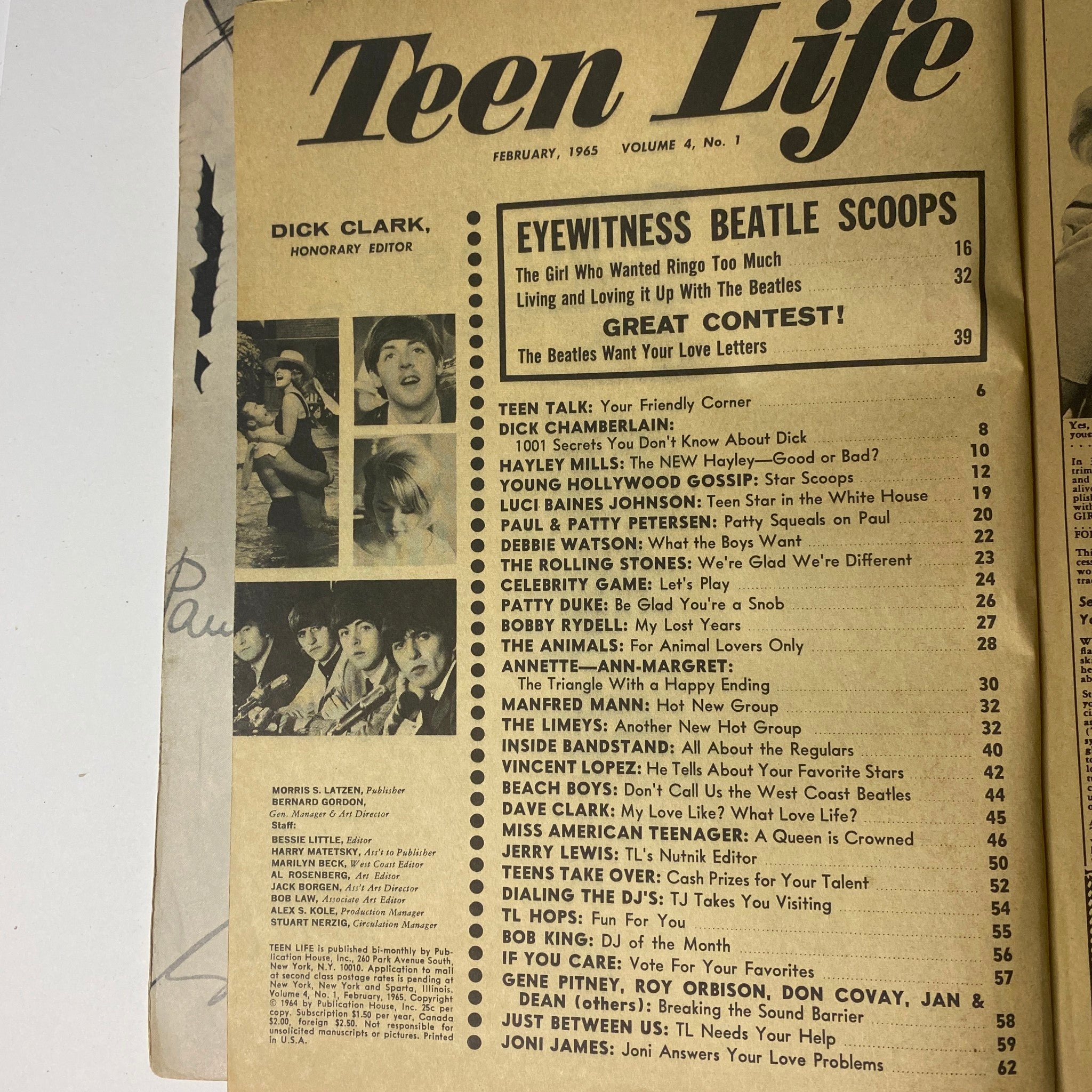 Contents page of Teen Life Magazine February 1965 Vol 4 No. 1 listing articles including Dick Chamberlain, Hayley Mills, and Eyewitness Beatle scoops, highlighting key features and topics in the issue.