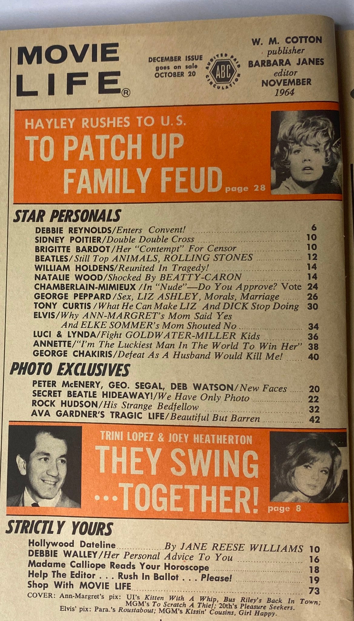 Inside page of Movie Life Magazine November 1964 highlighting celebrity news including Elvis Presley, Ann-Margret, and other Hollywood film personalities, capturing mid-1960s entertainment culture.