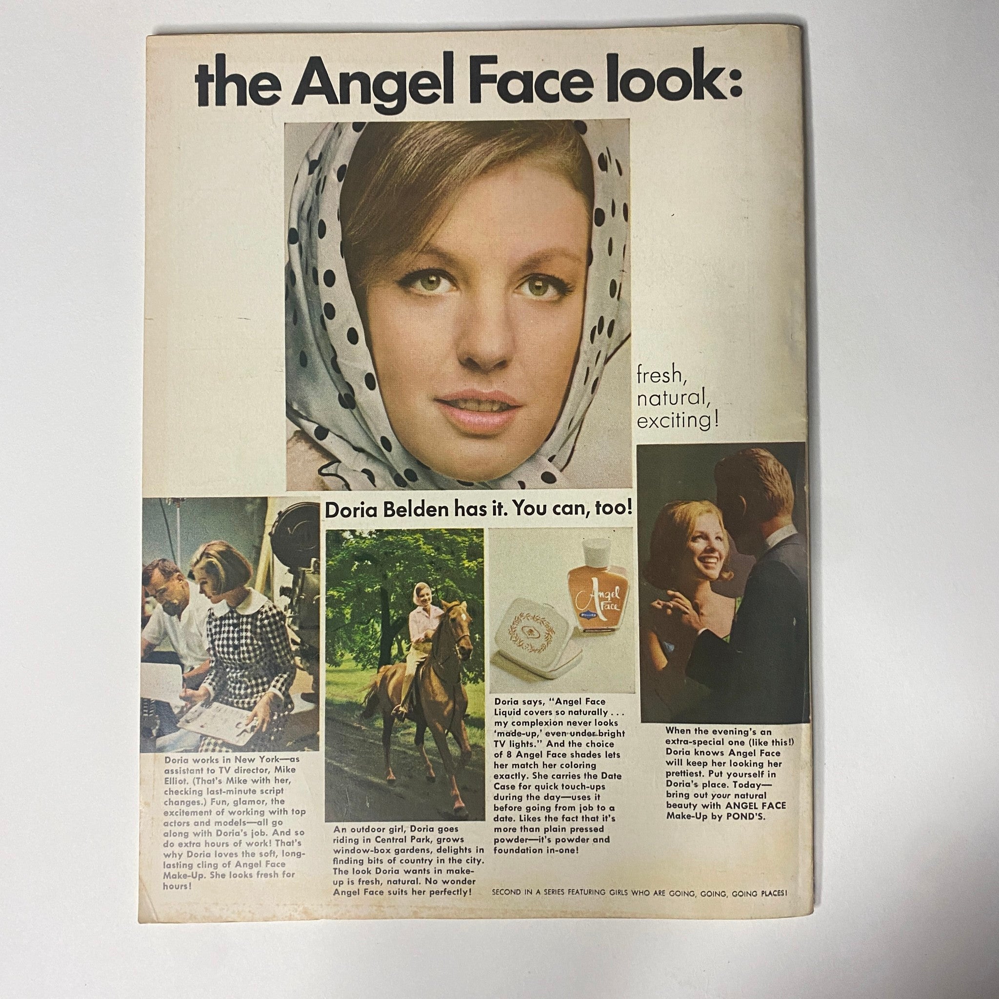 Movie Life Magazine November 1964 cover featuring a beauty advertisement for the 'Angel Face look' with a model wearing a polka dot scarf, promoting freshness and excitement. This collectible magazine includes features on Elvis Presley and Ann-Margret.
