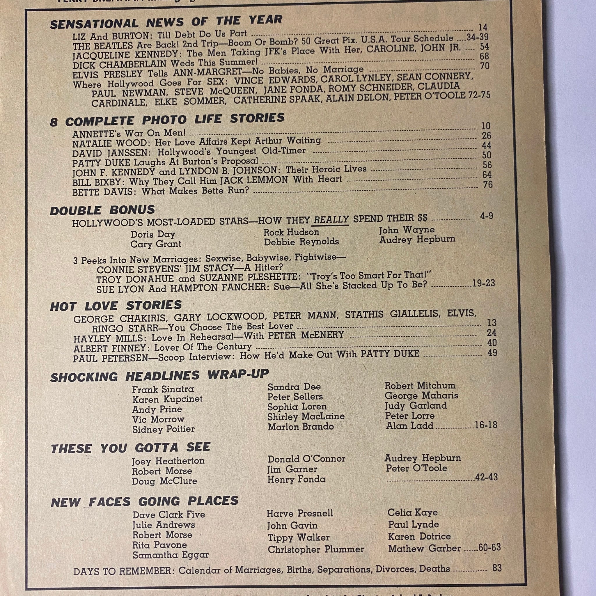 Inside page of Movie Life Yearbook No. 35 listing articles and features like sensational news on celebrities, complete life stories, and notable headlines from Hollywood.