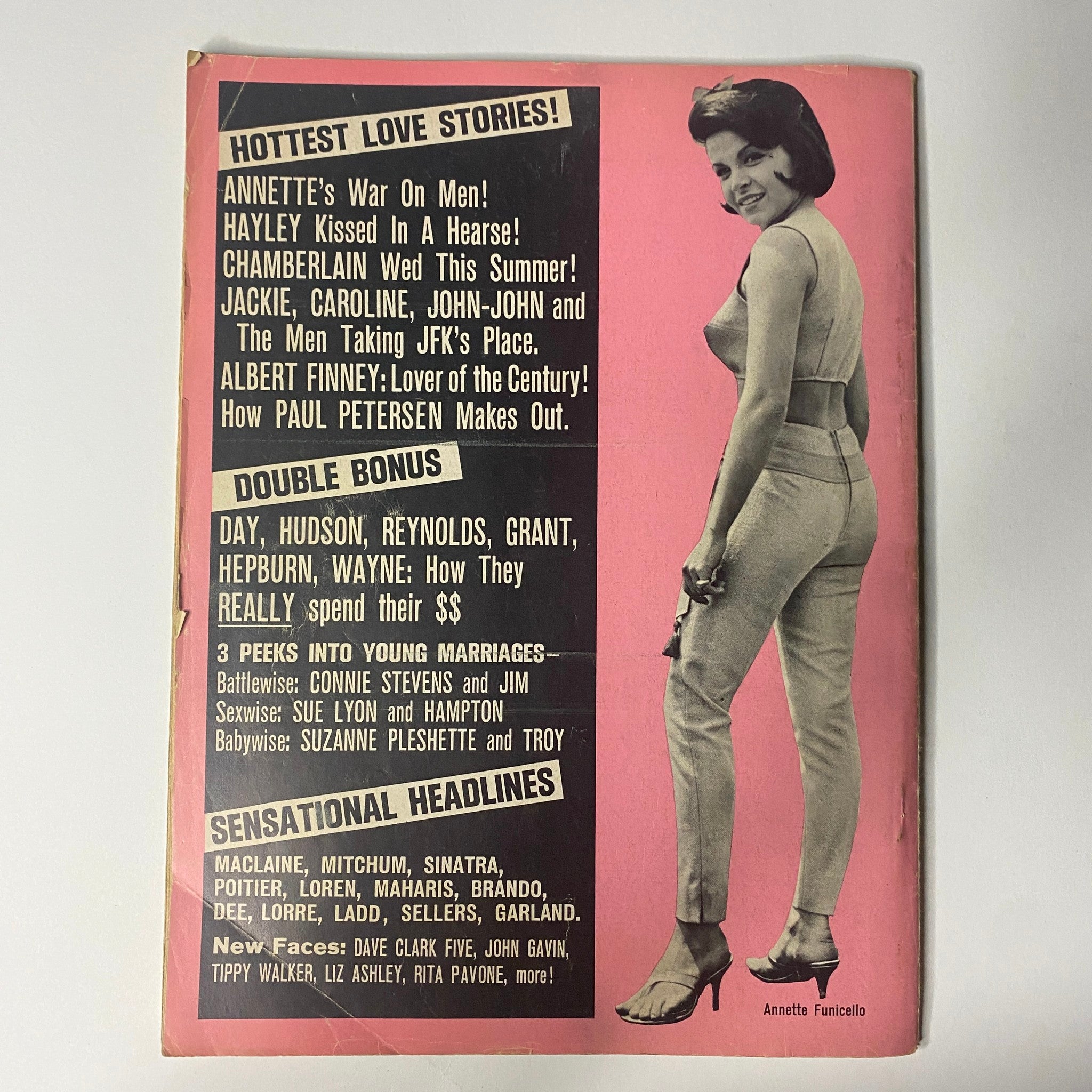 Back cover of Movie Life Yearbook No. 35 highlighting love stories and notable figures like Annette Funicello, along with promotional content on marriages and gossip.