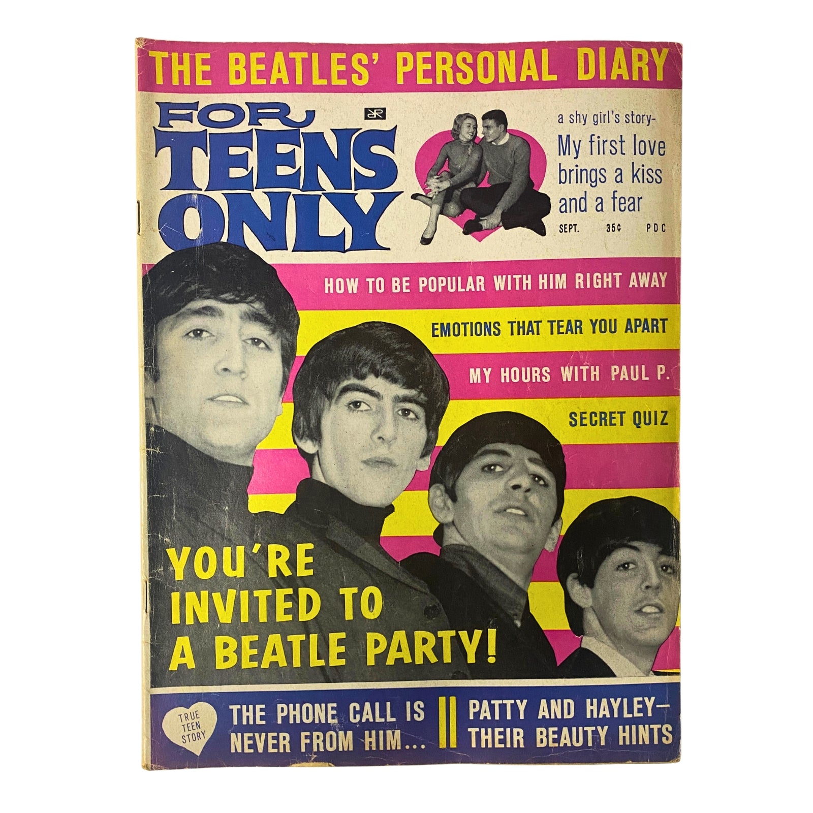 Cover of For Teens Only Magazine, September 1964, Vol. 3 No. 1 featuring The Beatles with headlines about their personal diary, beauty tips, and a Beatle party invitation. A colorful display representing mid-1960s teen culture.