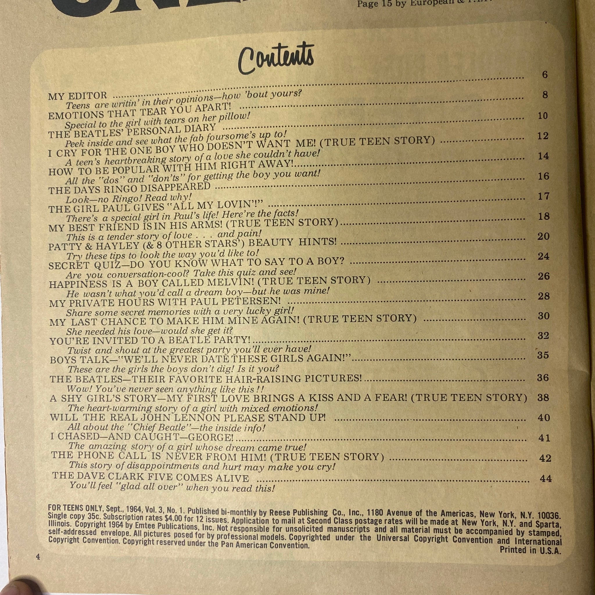 Contents page of For Teens Only Magazine September 1964 Vol 3 No. 1 featuring The Beatles, outlining articles and features including 'I Cry for the One Boy Who Doesn’t Want Me' and 'Do You Know What to Say to a Boy?'. This magazine captures the essence of mid-1960s teen culture.