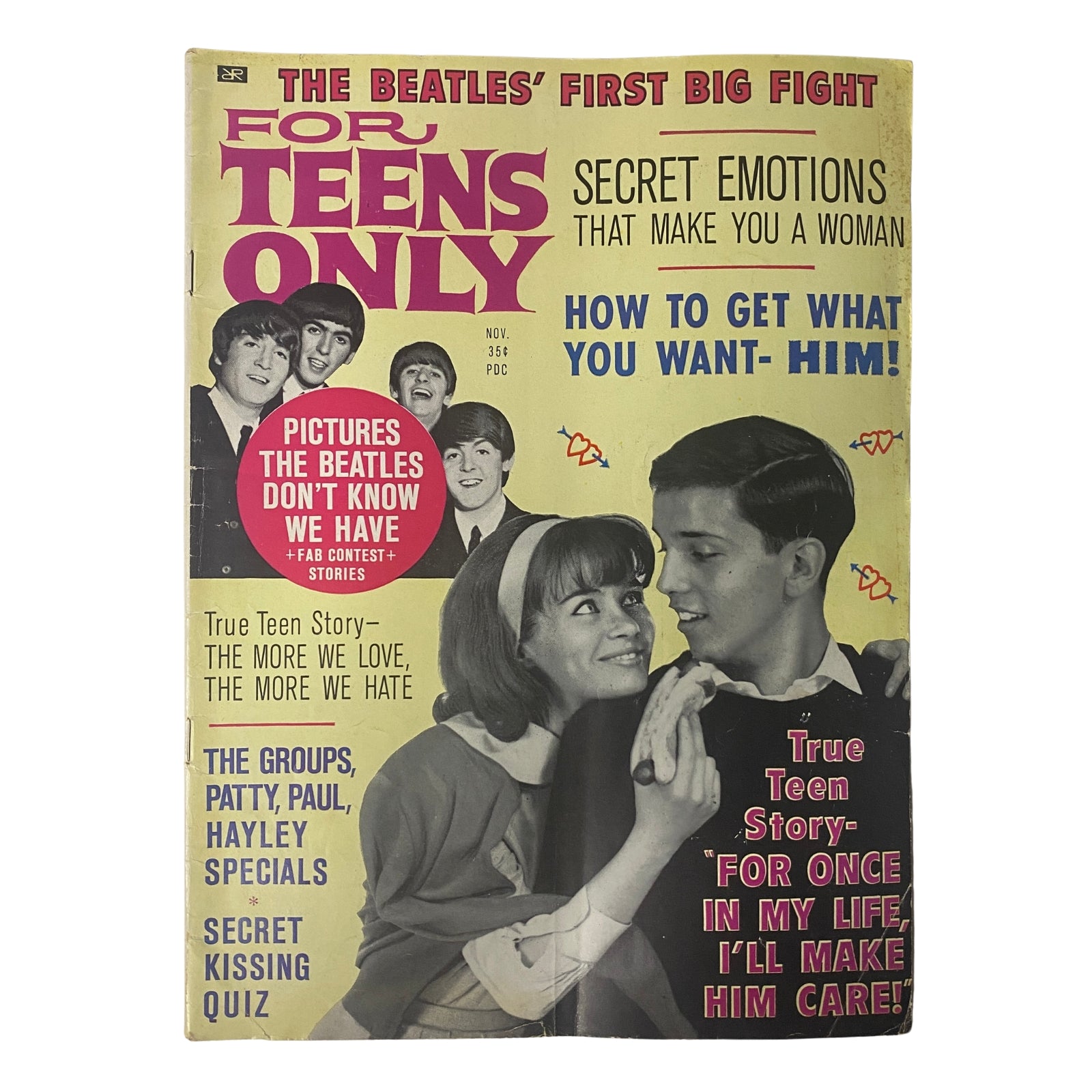 For Teens Only Magazine November 1964 Vol 3 No. 2 featuring The Beatles on the cover, showcasing articles like 'The Beatles' First Big Fight', true teen stories, and quizzes.