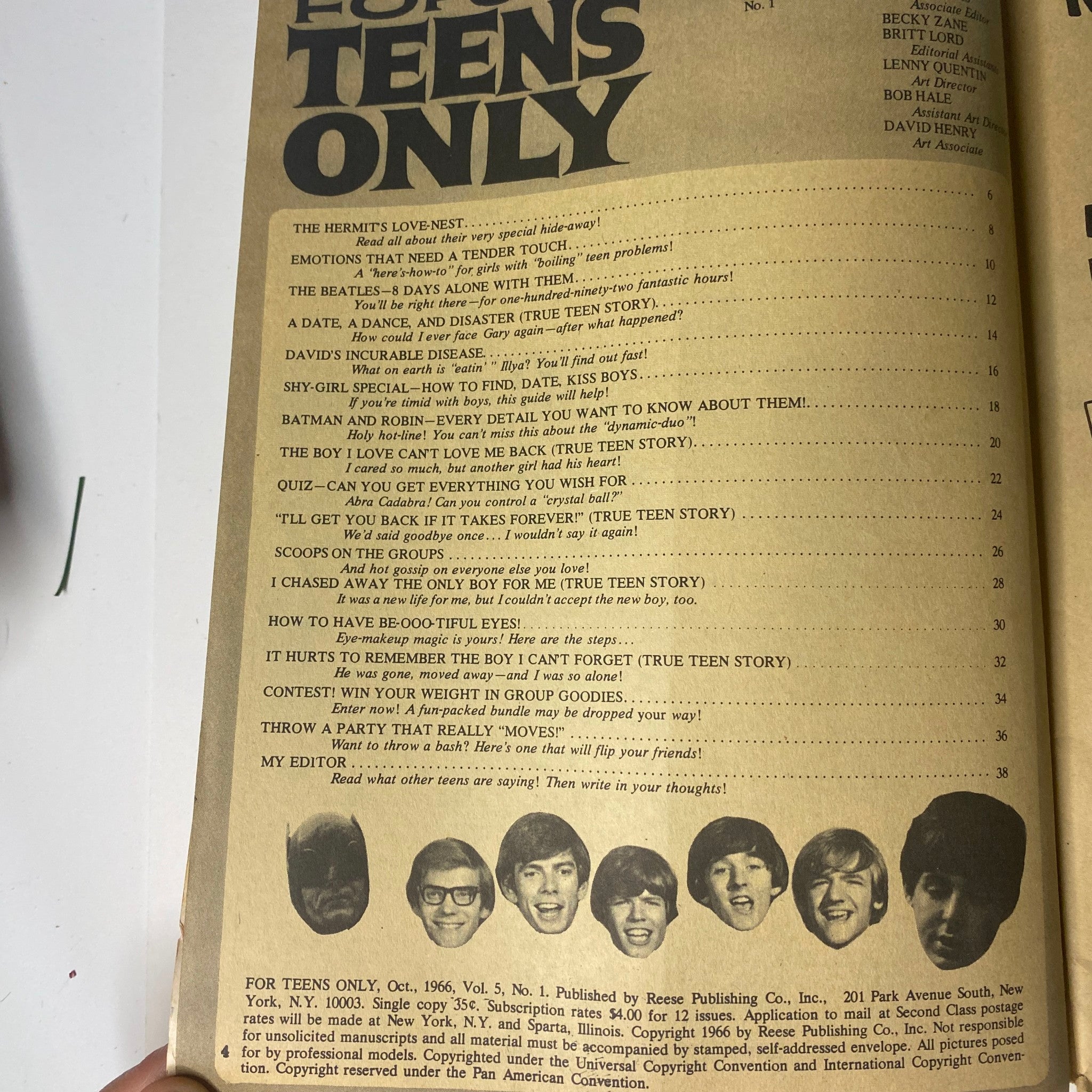 Table of contents page from For Teens Only Magazine, October 1966, Vol 5 No. 1, highlighting articles about The Beatles and various teen topics.