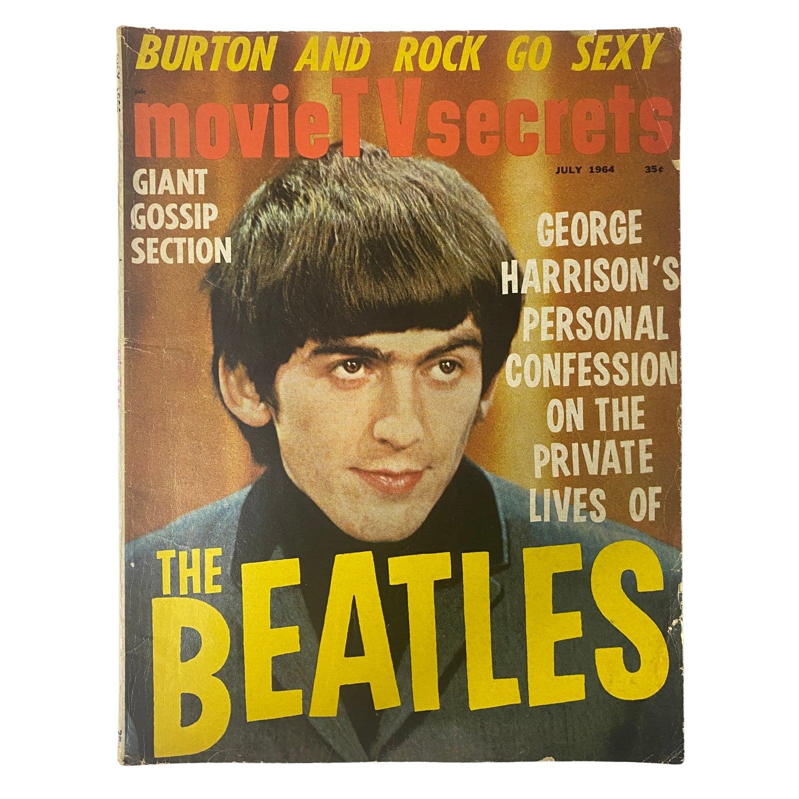 Cover of Movie TV Secrets Magazine July 1964 Vol 4 No. 10 featuring George Harrison of The Beatles, showcasing the highlight on his personal confession and Hollywood gossip.