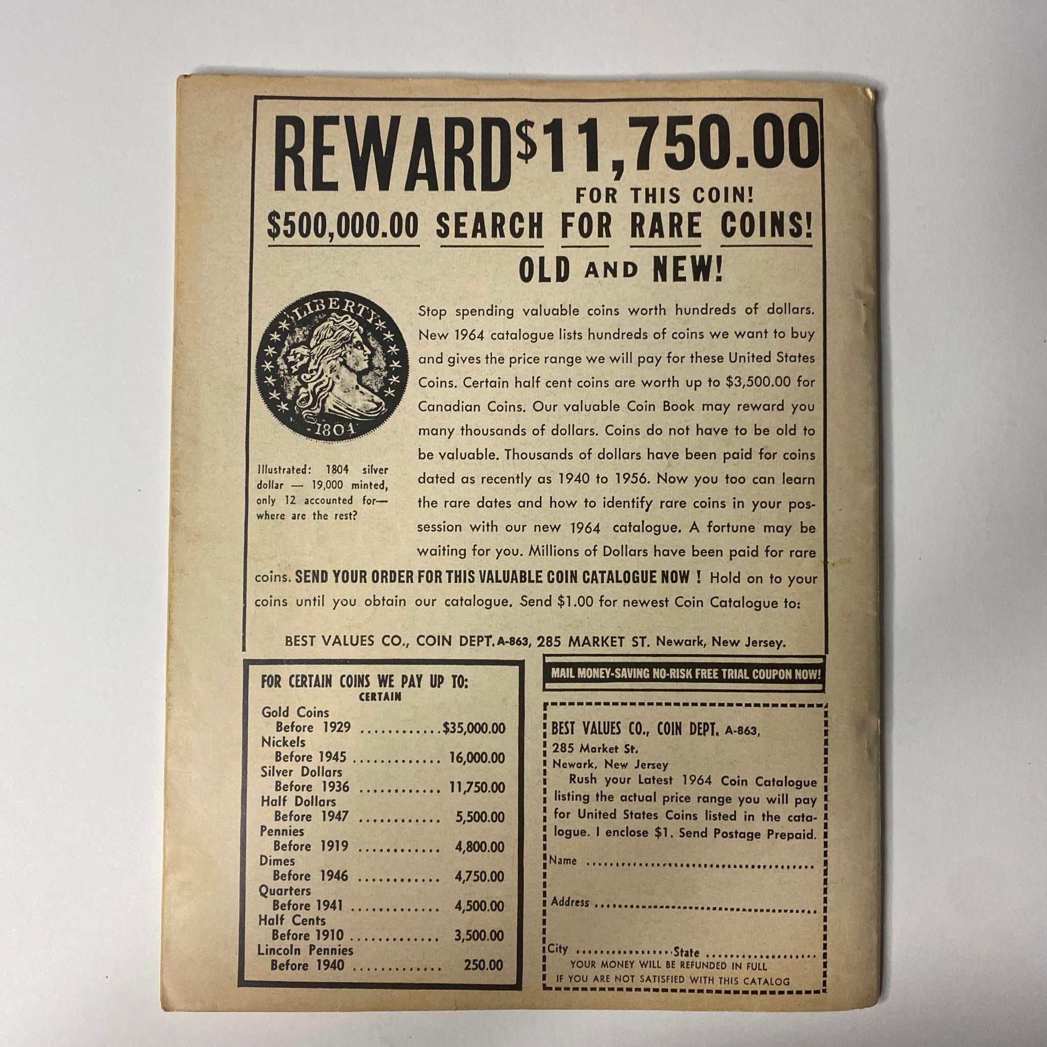 Back cover of Movie TV Secrets Magazine July 1964 Vol 4 No. 10, advertising rewards for rare coins, highlighting a nostalgic collection opportunity related to the time.