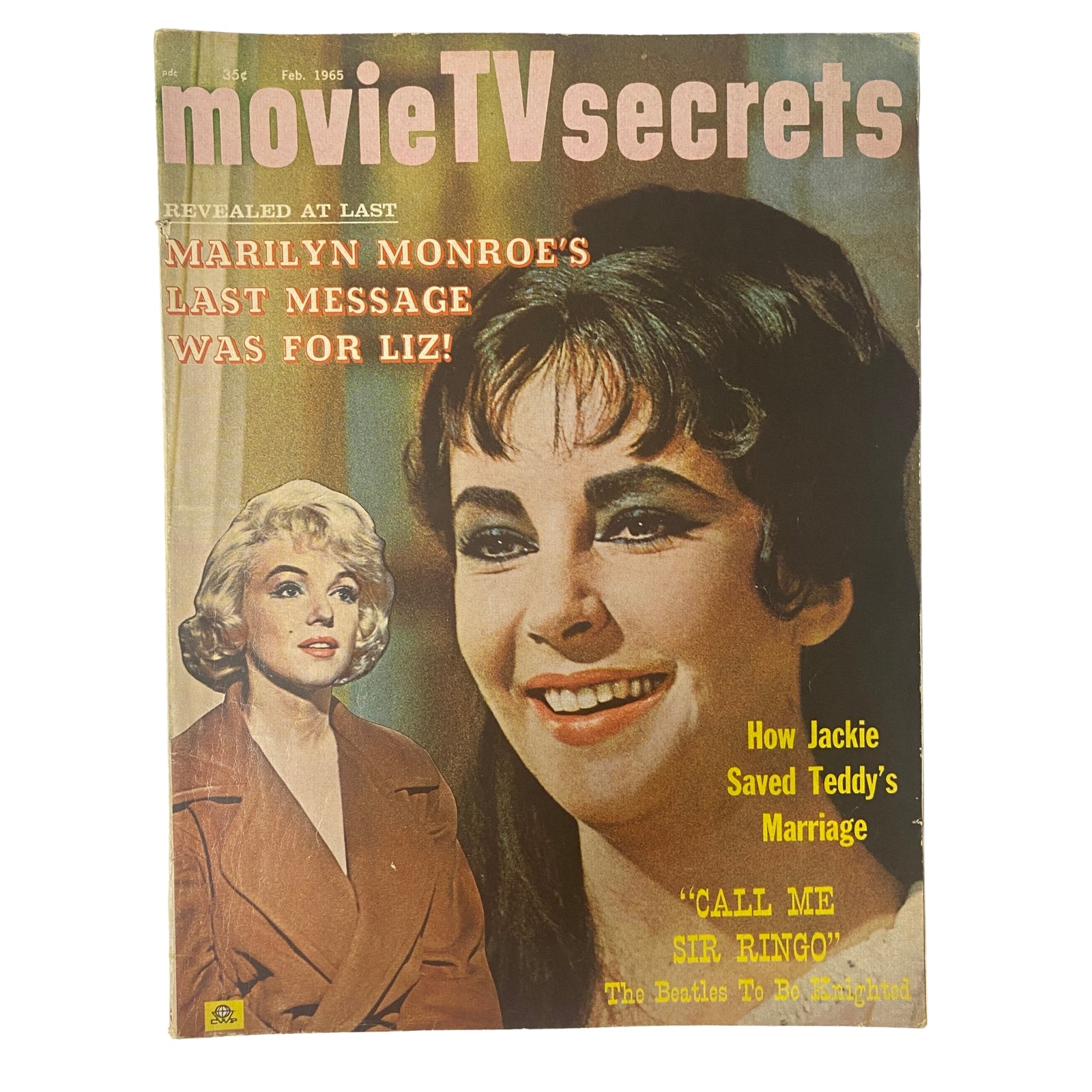 Cover of Movie TV Secrets Magazine, February 1965, featuring Marilyn Monroe and Elizabeth Taylor, with the headline about Monroe's last message for Liz and mentions of Jackie Kennedy and the Beatles.