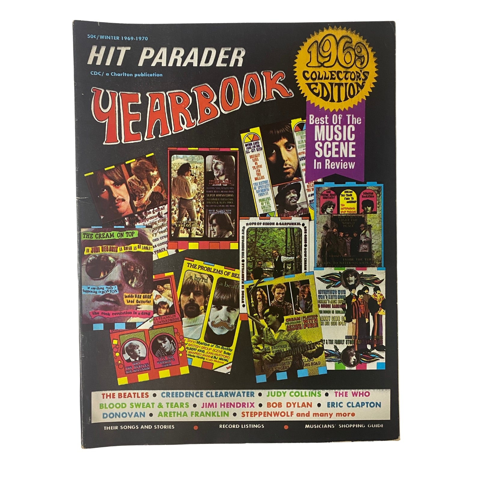 Hit Parader Yearbook Winter 1969-1970 featuring The Beatles and Jimi Hendrix on the cover, showcasing legendary music icons and a collection of the best in the music scene.