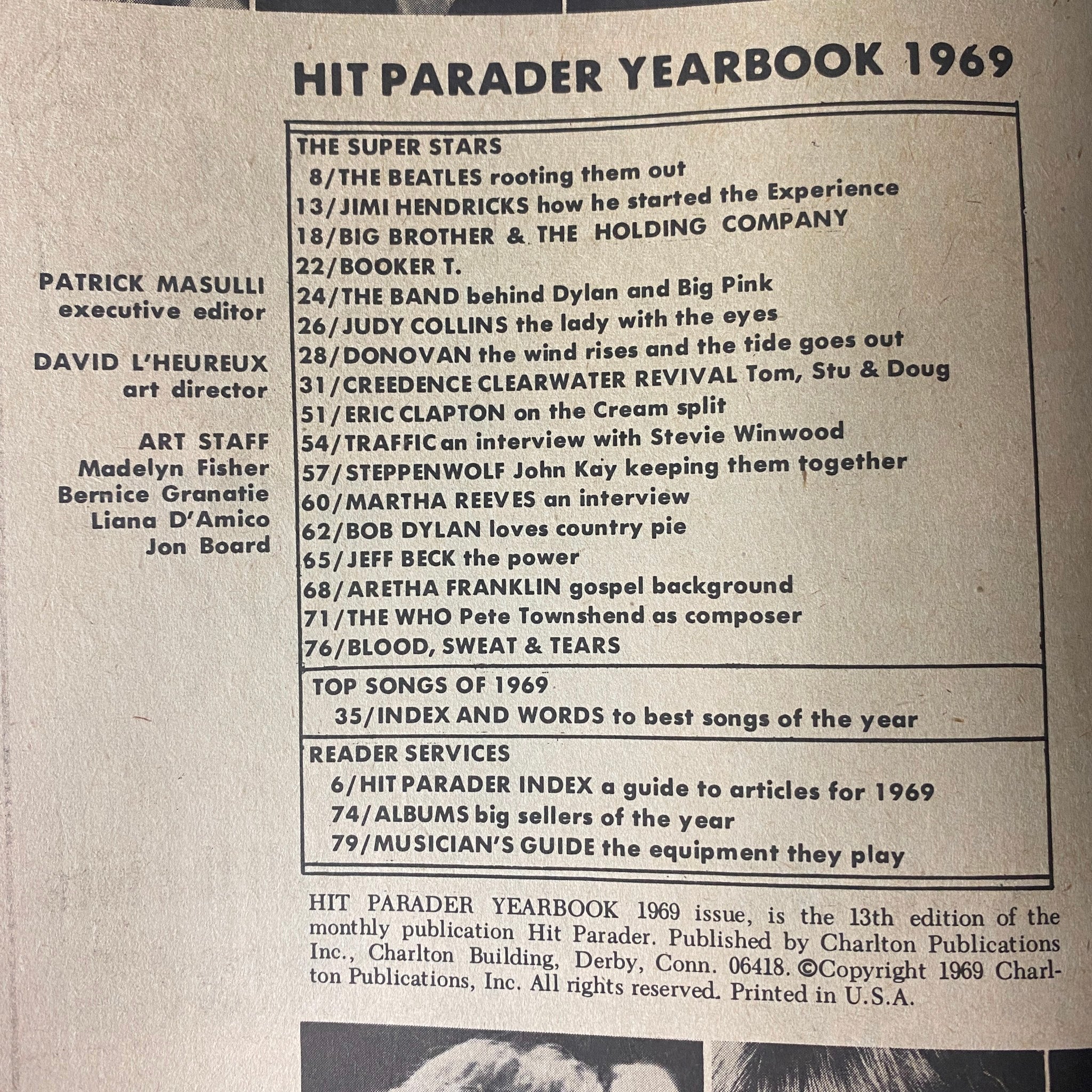 Page from Hit Parader Yearbook Winter 1969-1970 listing featured artists such as The Beatles, Jimi Hendrix, and Bob Dylan with article highlights and musical insights.
