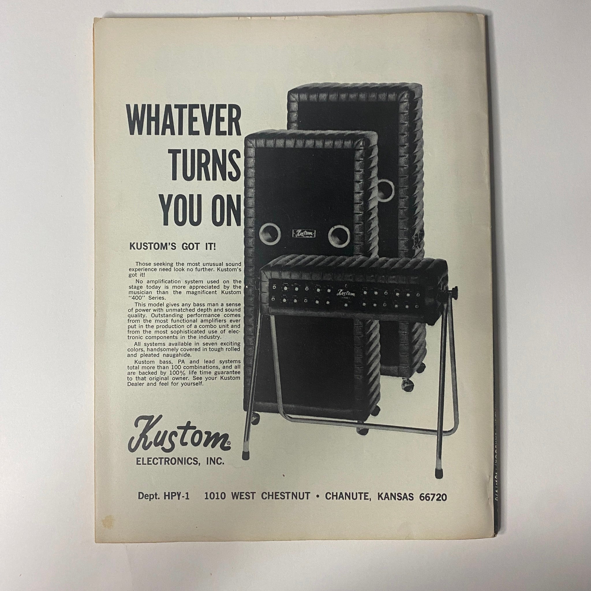 Advertisement for Kustom Electronics in the back cover of Hit Parader Yearbook Winter 1969-1970, promoting their music equipment alongside vintage rock memorabilia.