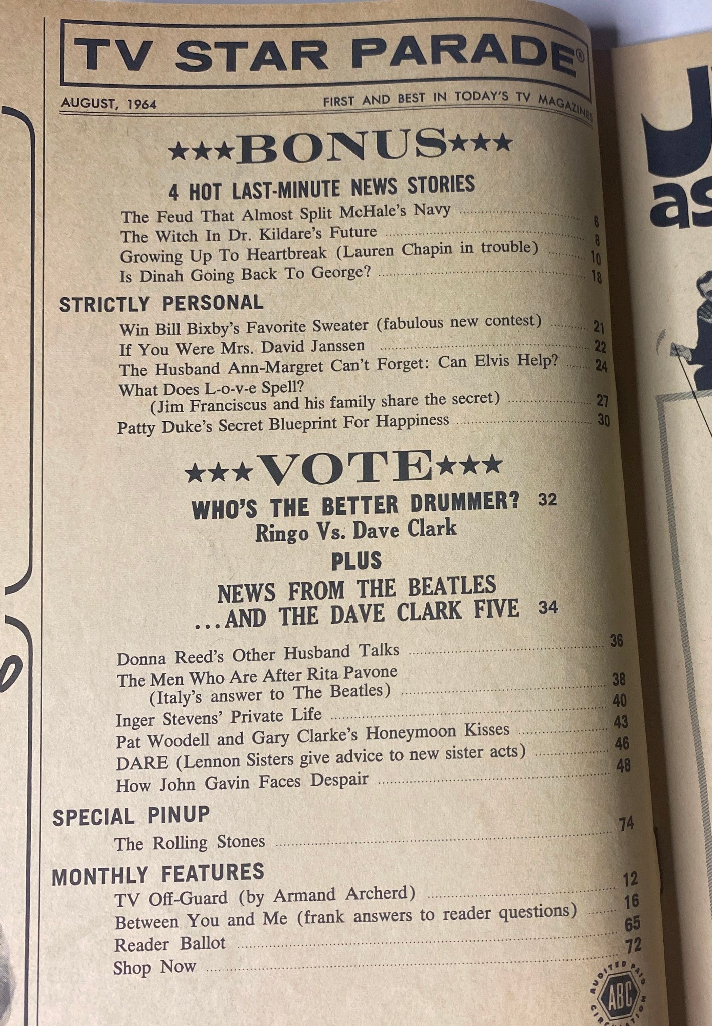 Inside page from TV Star Parade Magazine August 1964 featuring bonus stories and highlights including Ringo Starr vs. Dave Clark drum vote. Covers classic TV and rock music nostalgia.