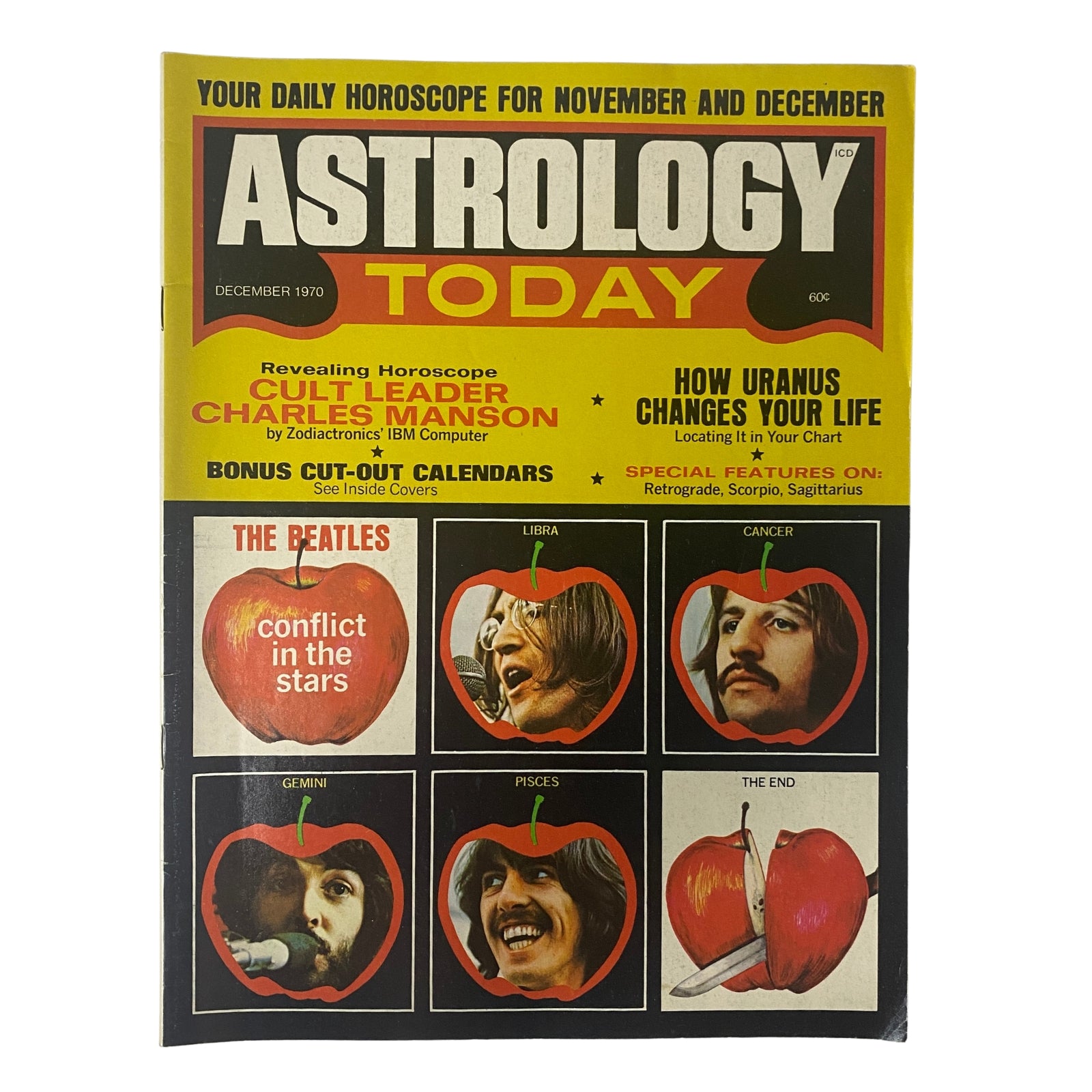 Cover of Astrology Today Magazine December 1970 featuring The Beatles, titled 'Conflict in the Stars', with astrological themes and images of iconic musicians.