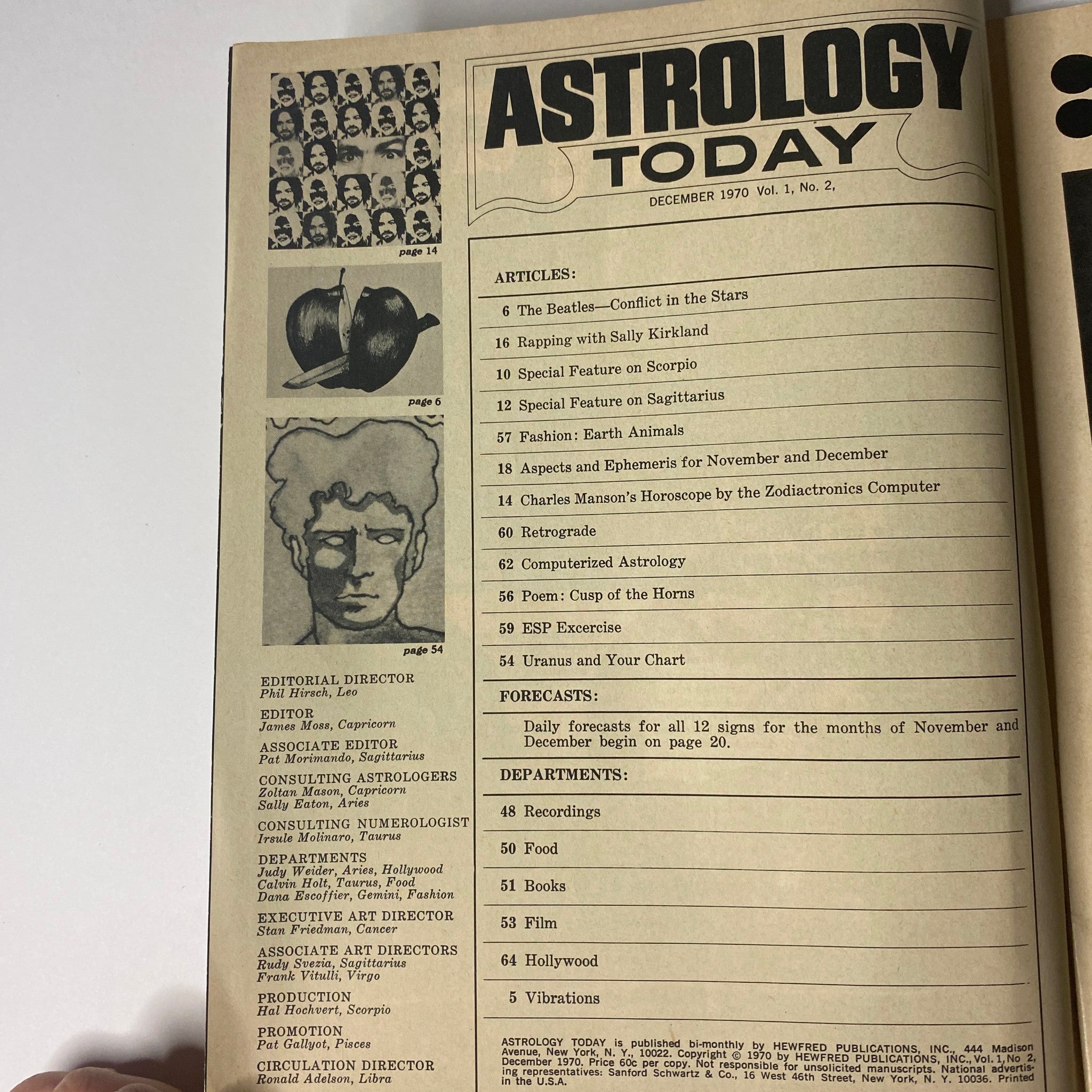 Inside spread of Astrology Today Magazine December 1970 showcasing content articles including 'The Beatles - Conflict in the Stars' and details on horoscopes for November and December.
