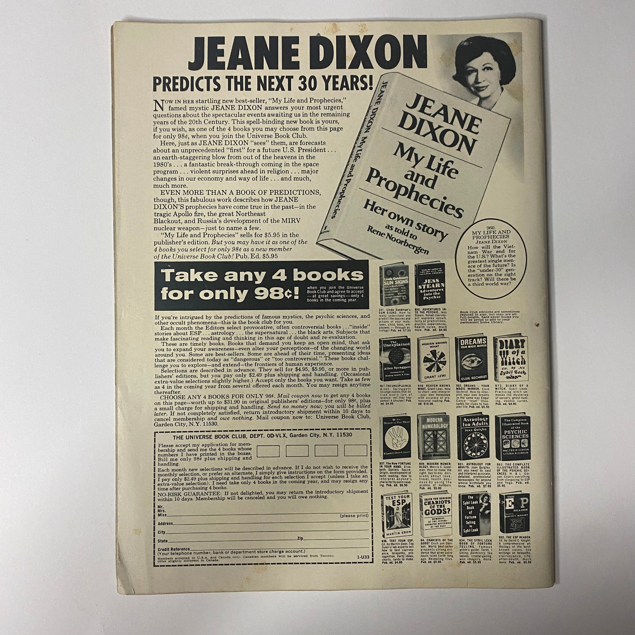 Back cover of Astrology Today Magazine December 1970 featuring an advertisement for Jeane Dixon's book 'My Life and Prophecies', alongside promotional content for various books.