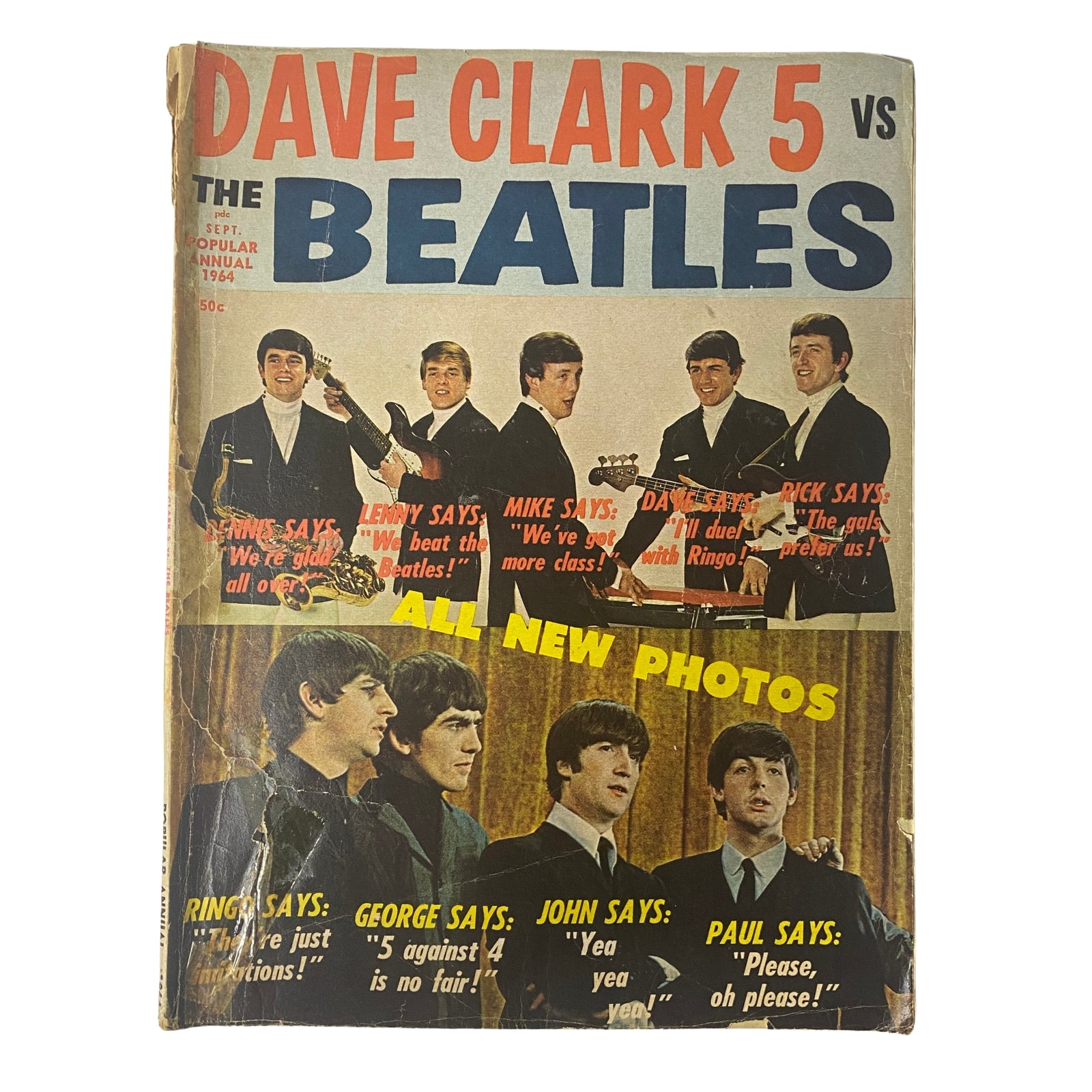 Cover of the Popular Annual Magazine September 1964 featuring Dave Clark 5 vs The Beatles, showcasing the two bands with the title and promotional text highlighting rivalry and all new photos.