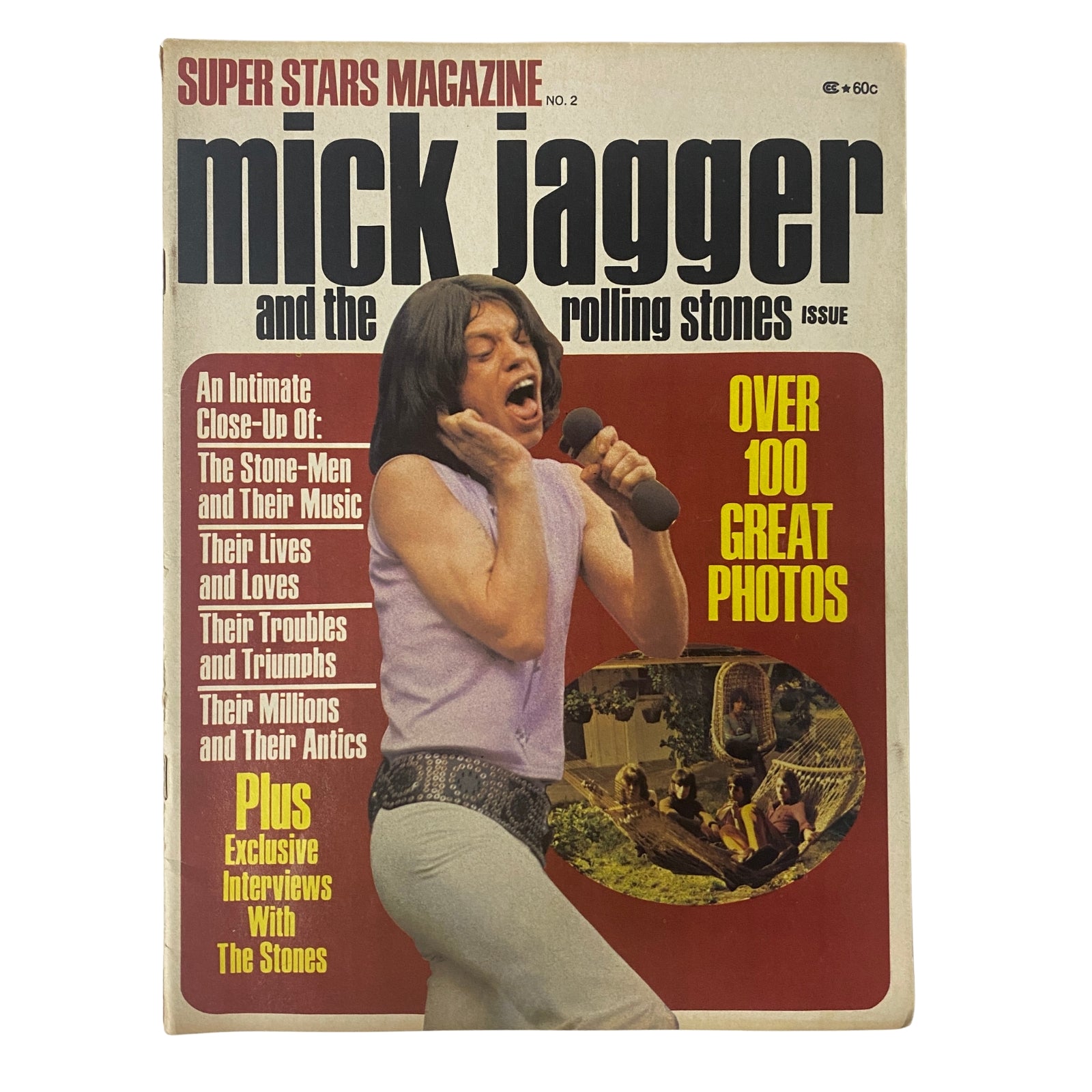 Cover of Super Stars Magazine Vol 1 No 2 featuring Mick Jagger, highlighting 'Over 100 Great Photos' and articles on The Rolling Stones.