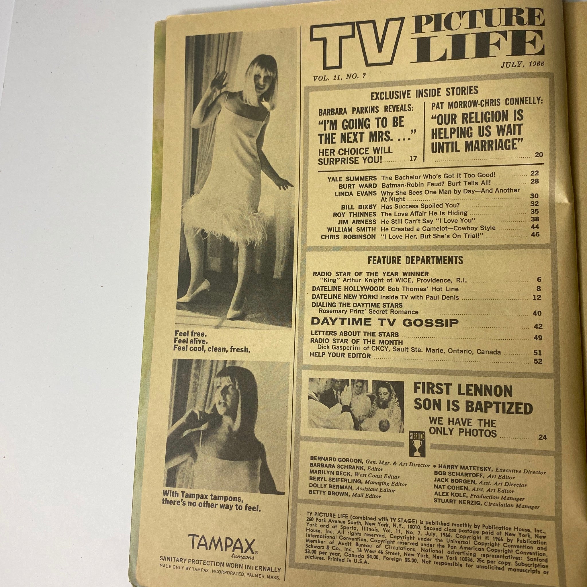 Inside page of TV Picture Life Magazine, July 1966, Vol 11 No. 7 showcasing the section with exclusive stories and features, including 'Our Religion is Helping Us Wait Until Marriage' and 'First Lennon Son is Baptized' alongside a Tampax advertisement.