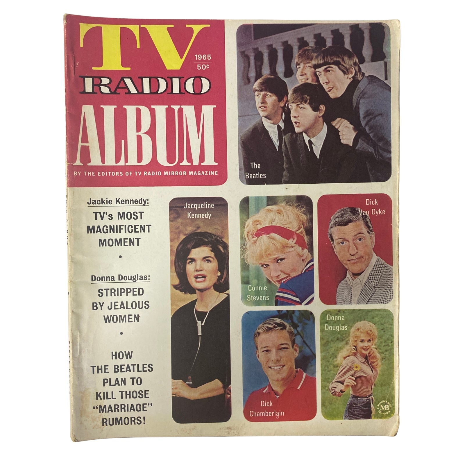 1965 TV Radio Album magazine featuring The Beatles and Jackie Kennedy on the cover, showcasing celebrity highlights and cultural moments from the decade.