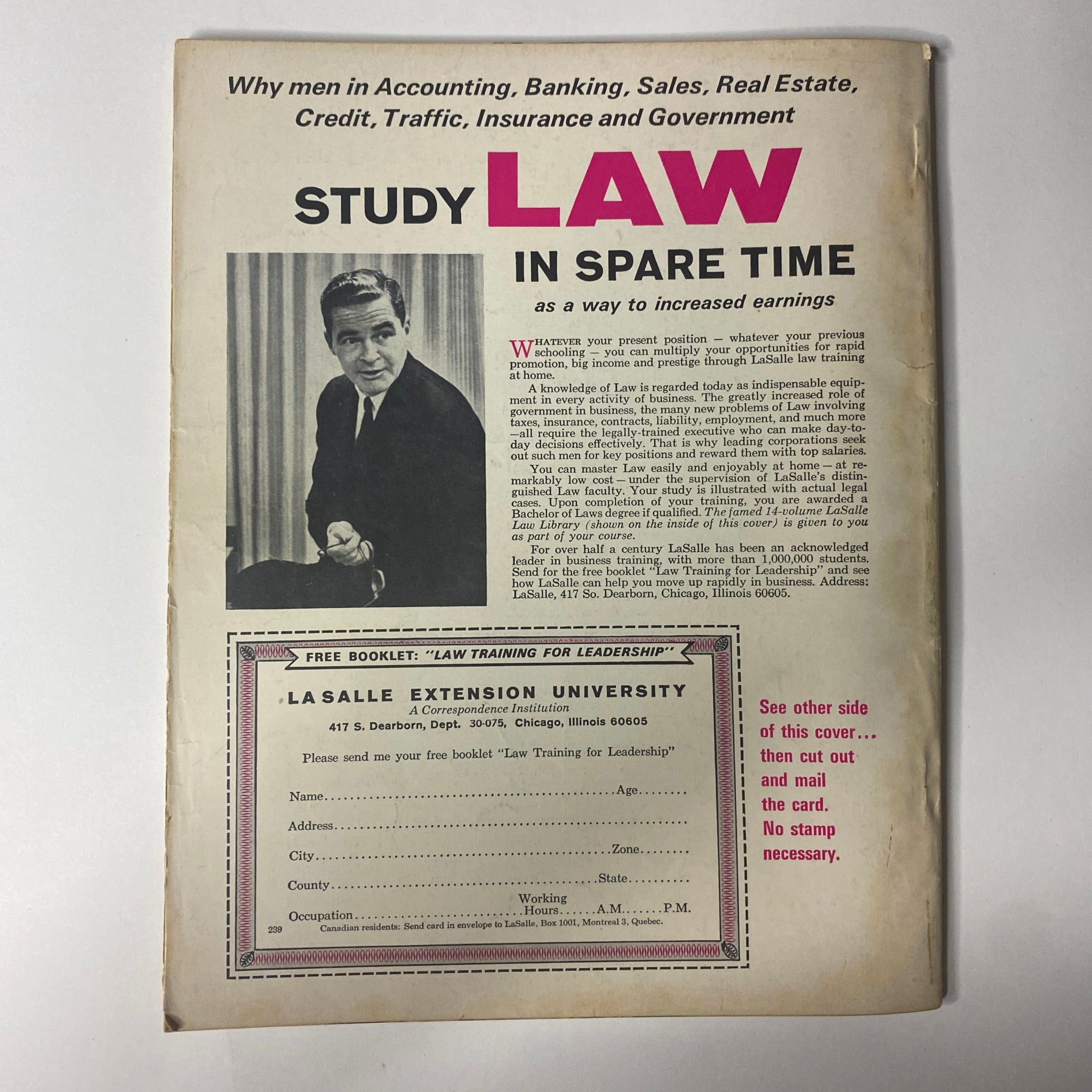 Back cover of the 1965 TV Radio Album magazine promoting law studies, showcasing the vintage advertising style of the mid-1960s.