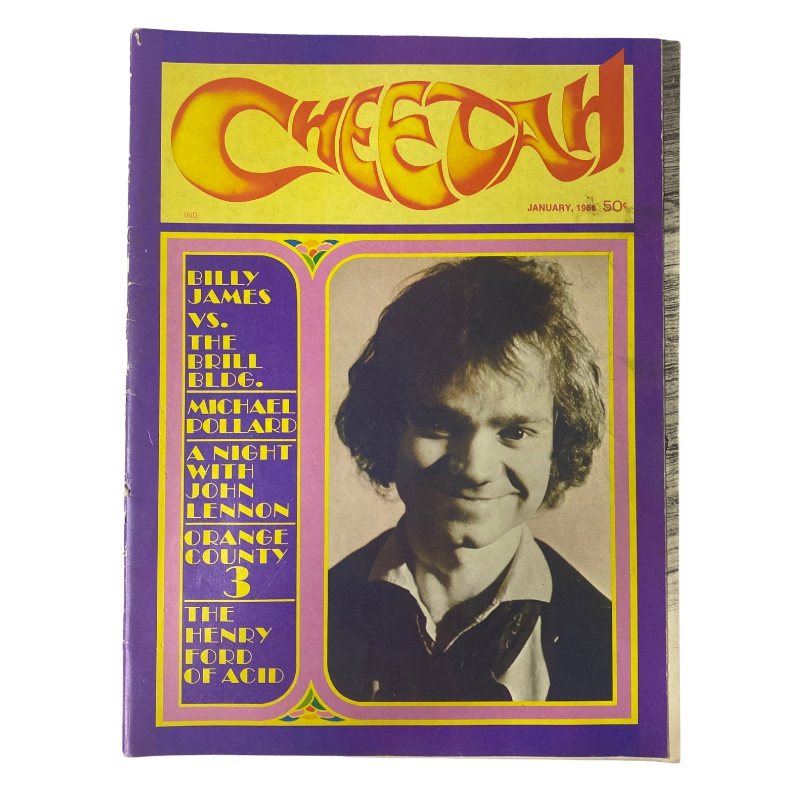 Cheetah Magazine January 1968 Vol 1 No 4 featuring Billy James and Michael Pollard on the front cover, showcasing vibrant colors and bold typography that reflects the countercultural spirit of the 1960s.