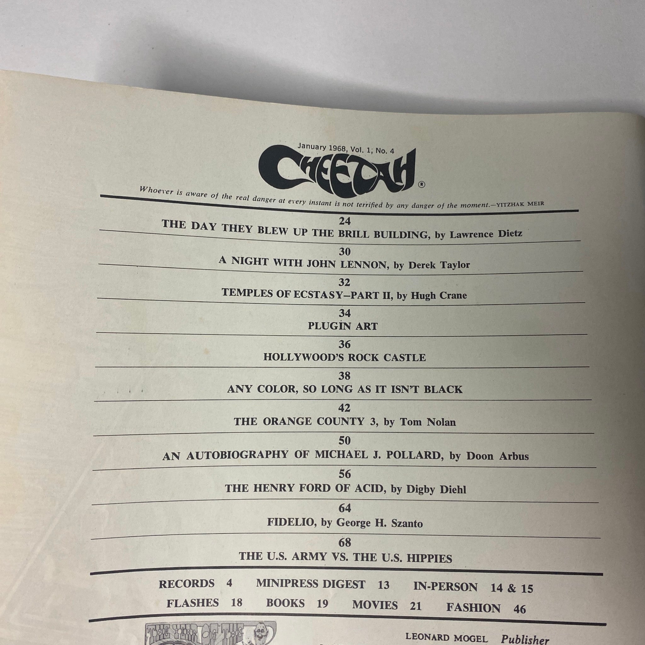 Table of contents from Cheetah Magazine January 1968 Vol 1 No 4, listing features such as 'The Day They Blew Up the Brill Building' by Lawrence Dietz and 'A Night with John Lennon' by Derek Taylor, highlighting the magazine's focus on music and culture.