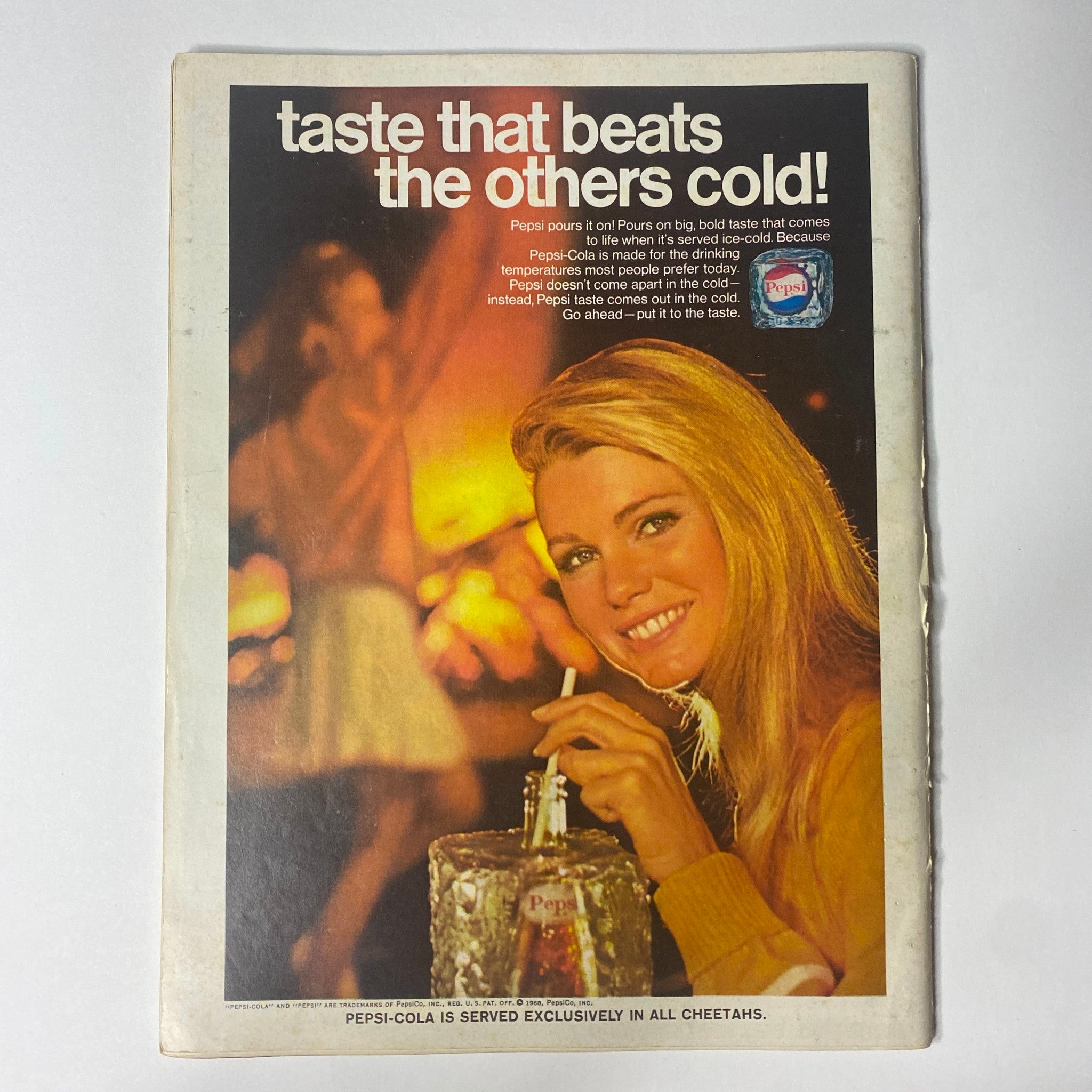 Back cover of Cheetah Magazine January 1968 Vol 1 No 4, featuring a vintage Pepsi advertisement with a smiling woman, emphasizing the magazine's connection to the popular culture and lifestyle of the late 1960s.