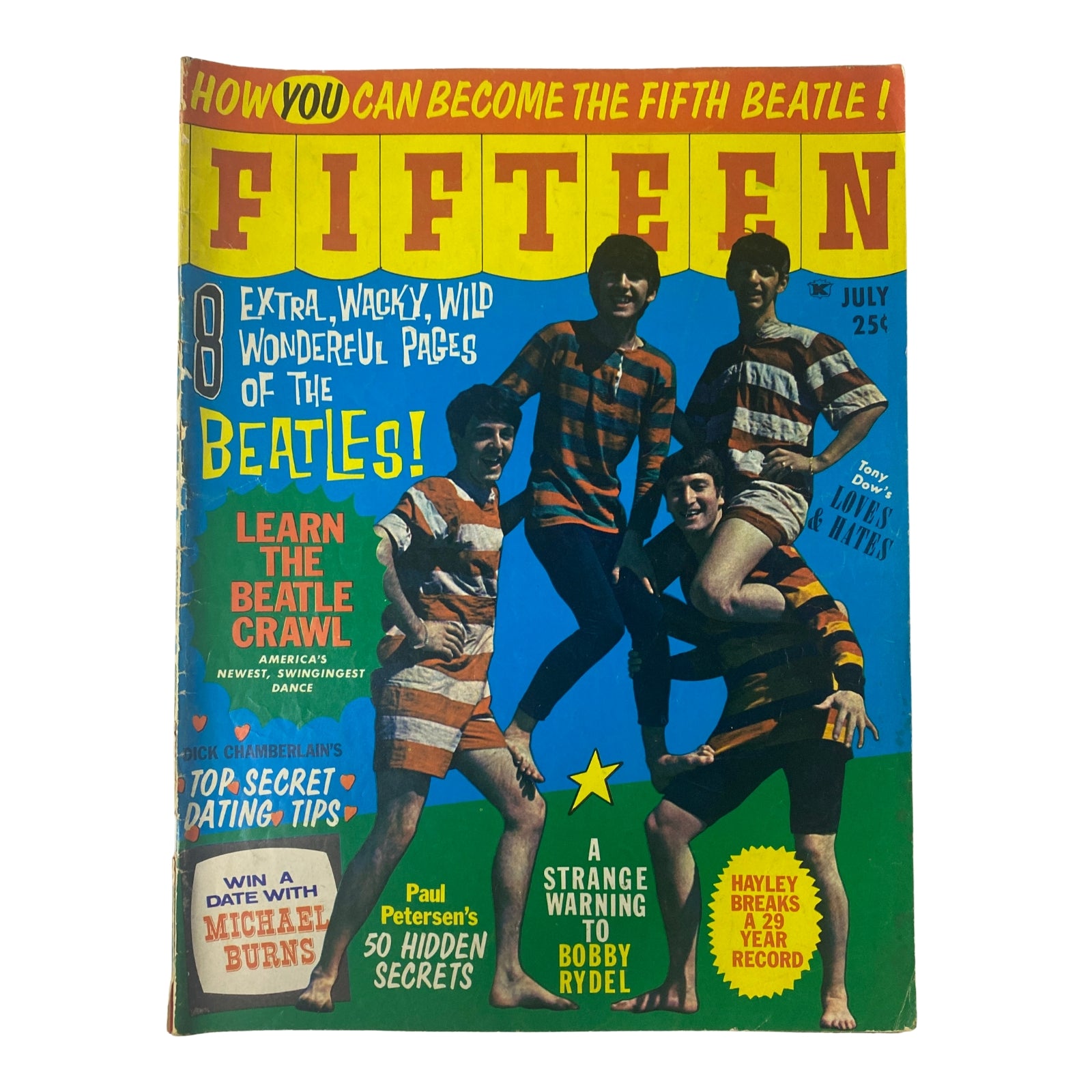 Cover of Fifteen Magazine July 1964 featuring The Beatles in colorful outfits, titled 'Fifteen Magazine July 1964 The Beatles, Dick Chamberlain No Label', highlighting teen idol culture from the 1960s.