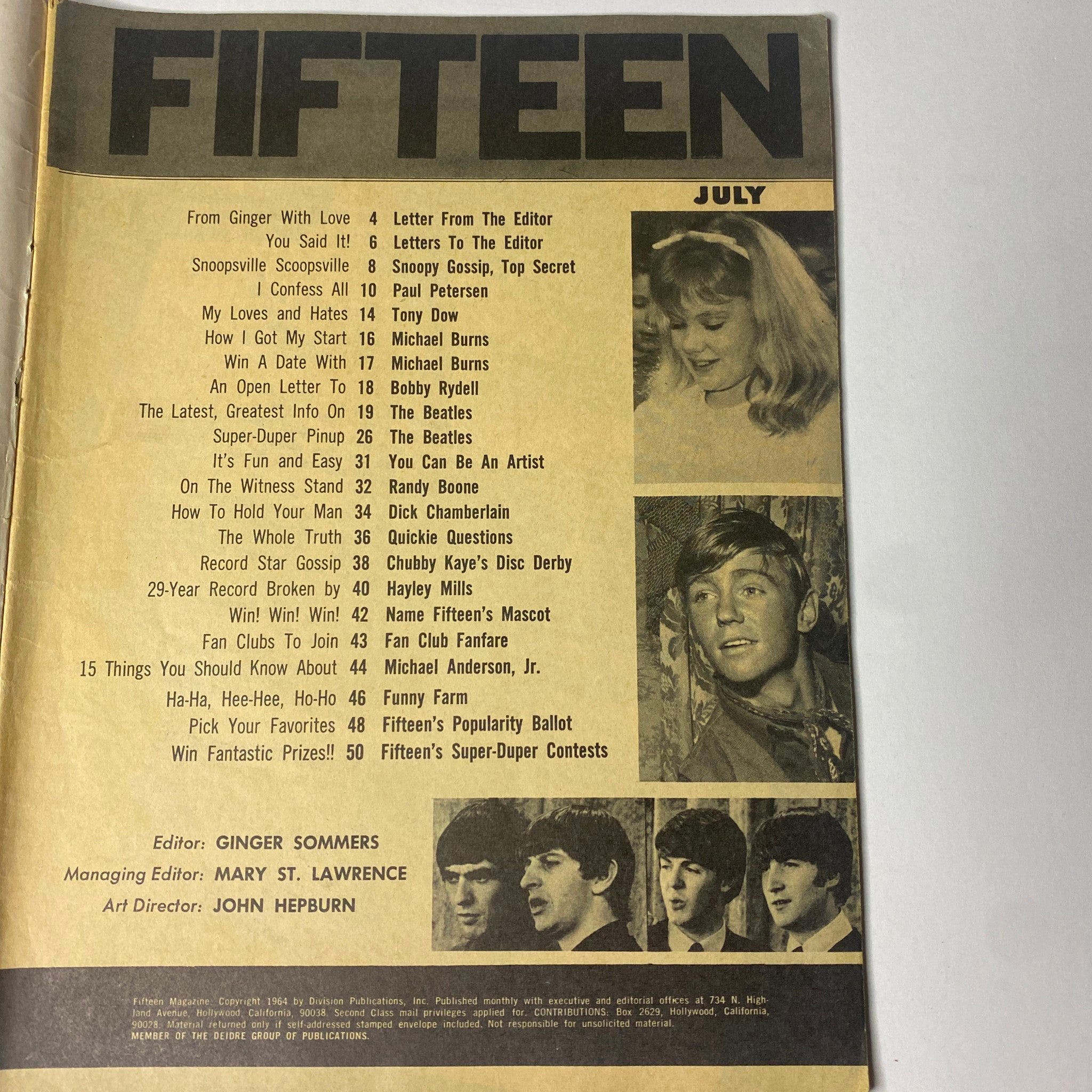 Inside content page of Fifteen Magazine July 1964, displaying the table of contents including features on The Beatles, letters from the editor, and other teen topics, under the title 'Fifteen Magazine July 1964 The Beatles, Dick Chamberlain No Label'.