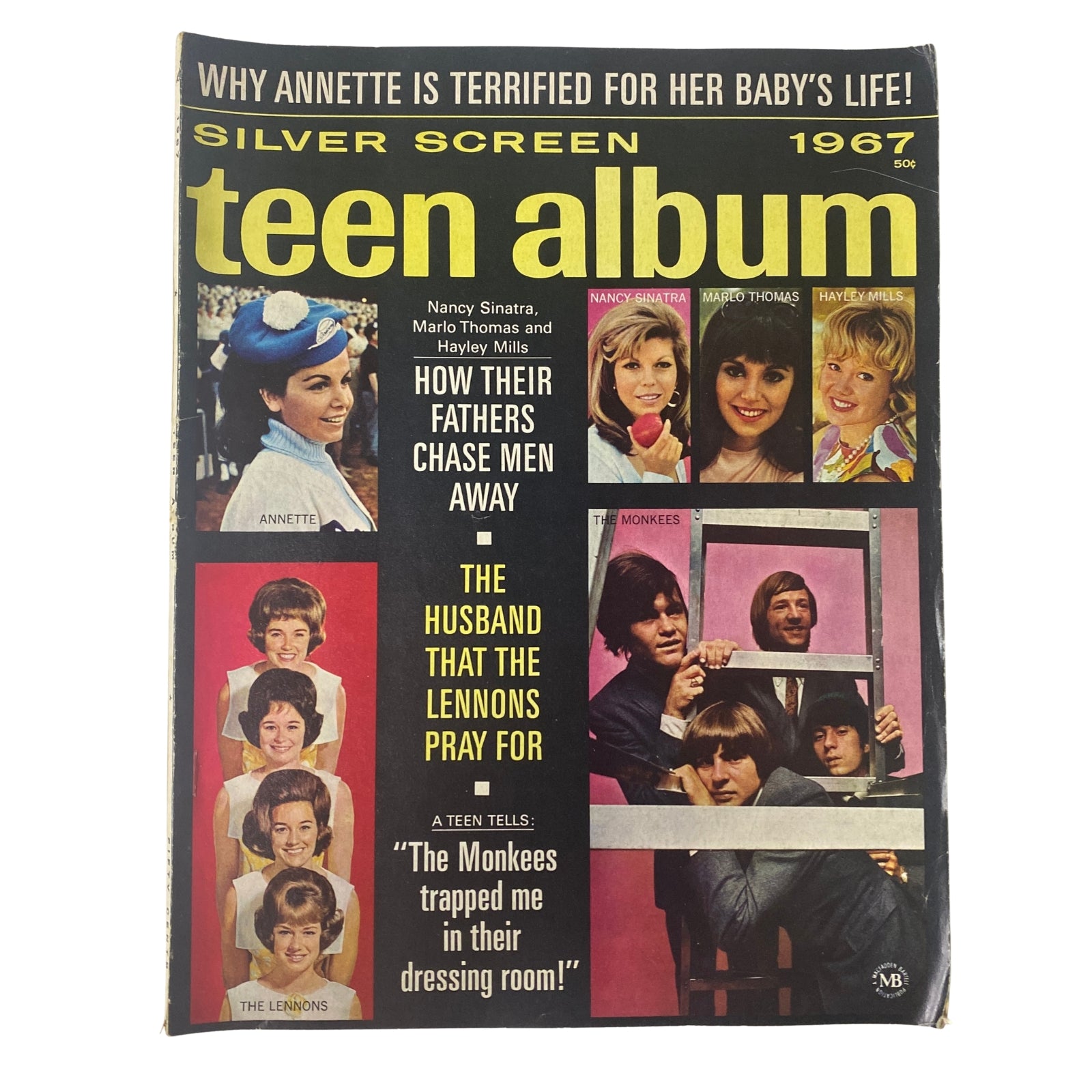 Cover of the Silver Screen Teen Album 1967 featuring Nancy Sinatra, Marlo Thomas, and Hayley Mills, highlighting articles about pop culture and entertainment.