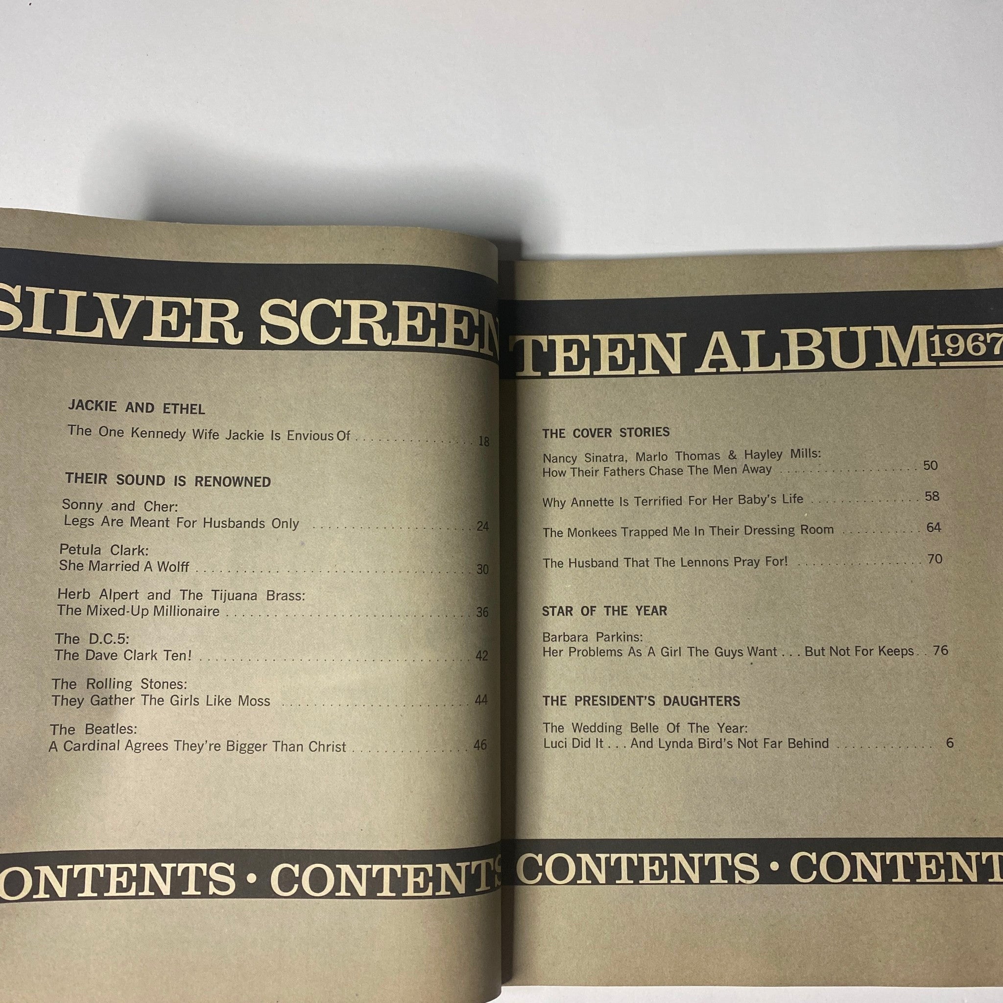 Inside page of the Silver Screen Teen Album 1967 showing the table of contents with featured articles, including stories about Jackie Kennedy and The Monkees.