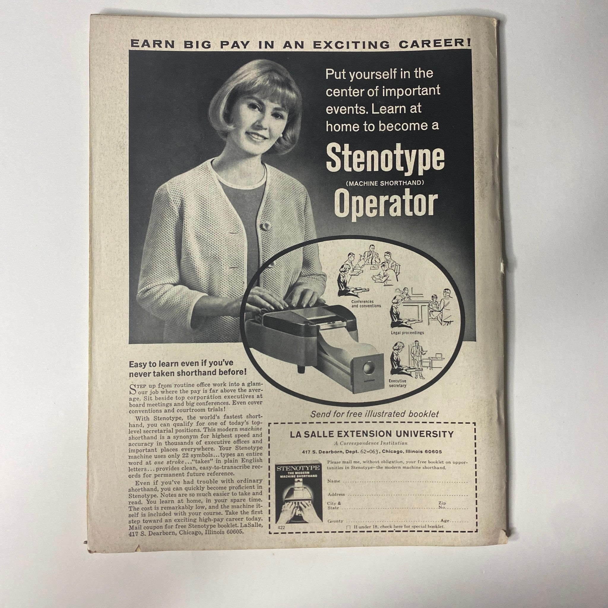 Advertisement page from the Silver Screen Teen Album 1967 promoting a Stenotype Operator course, demonstrating vintage educational opportunities.