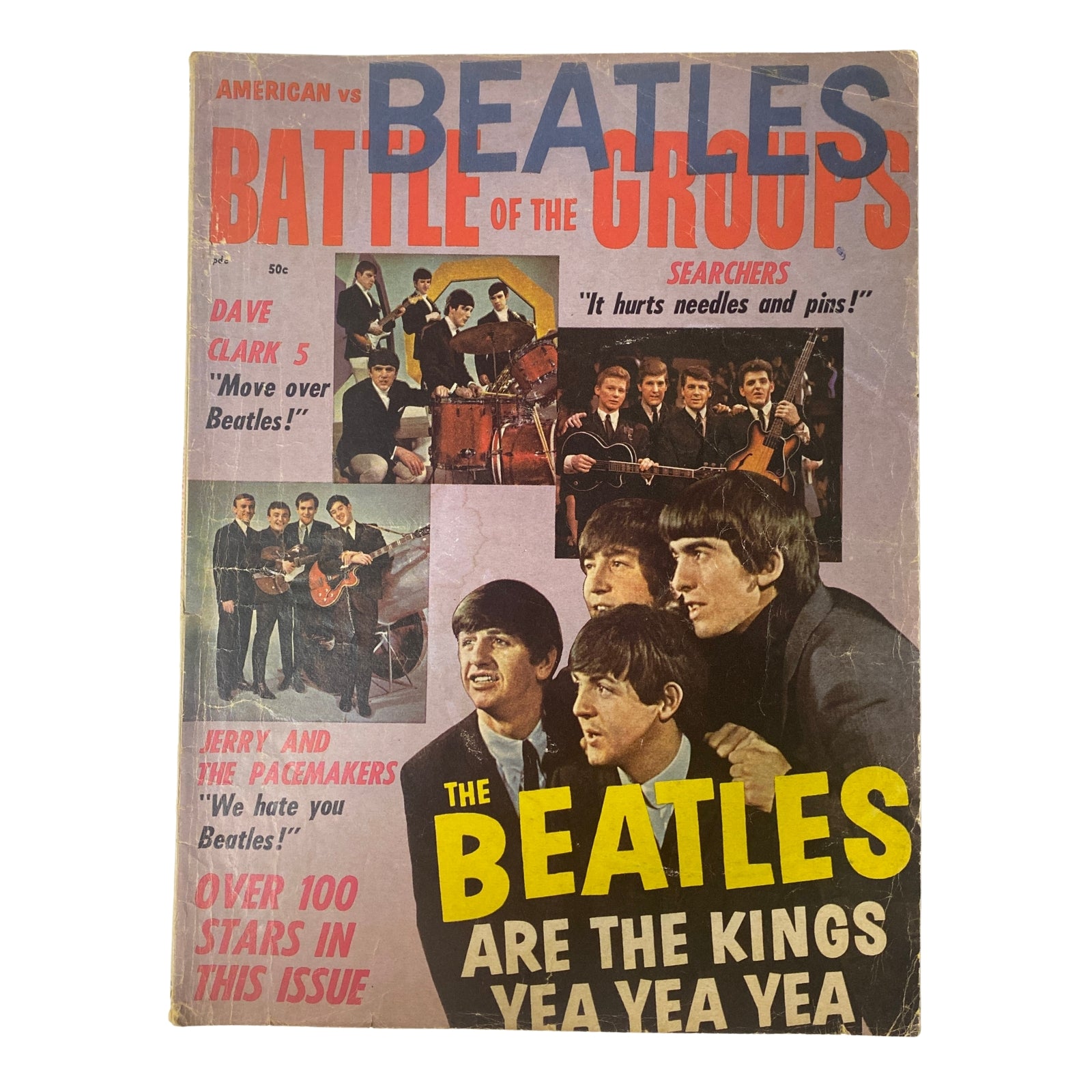 Cover of Modern Annual Magazine 1964 Vol 1 No. 1 featuring The Beatles, showcasing the battle of the groups with images of The Dave Clark Five and The Searchers, highlighting the excitement of the British Invasion.