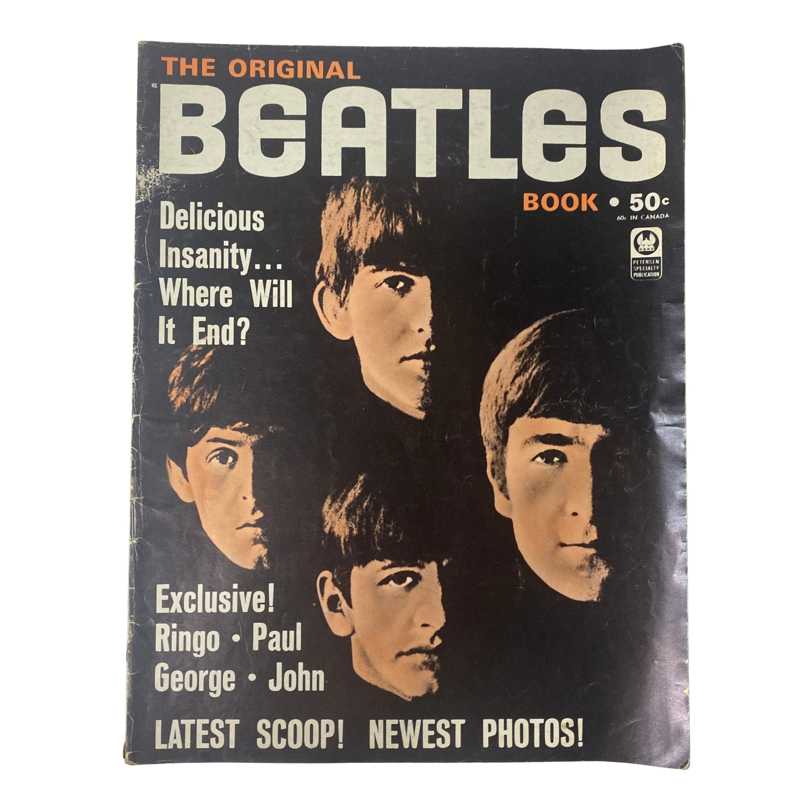 Cover of '1964 The Original Beatles Book' featuring portraits of Ringo, Paul, George, and John with the tagline 'Delicious Insanity... Where Will It End?' showcasing the essence of Beatlemania.