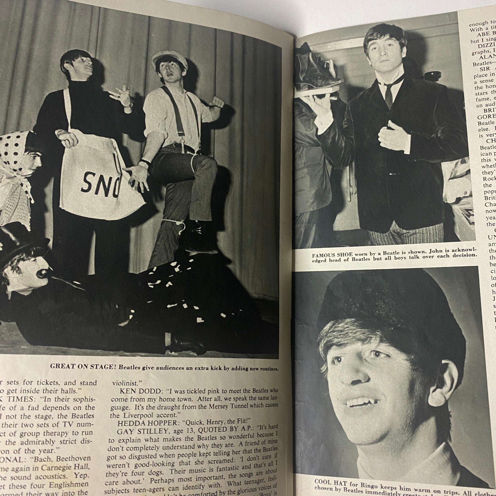 Inside pages of '1964 The Original Beatles Book' showcasing Beatles on stage and candid moments, capturing the excitement and energy of their performances during the peak of Beatlemania.